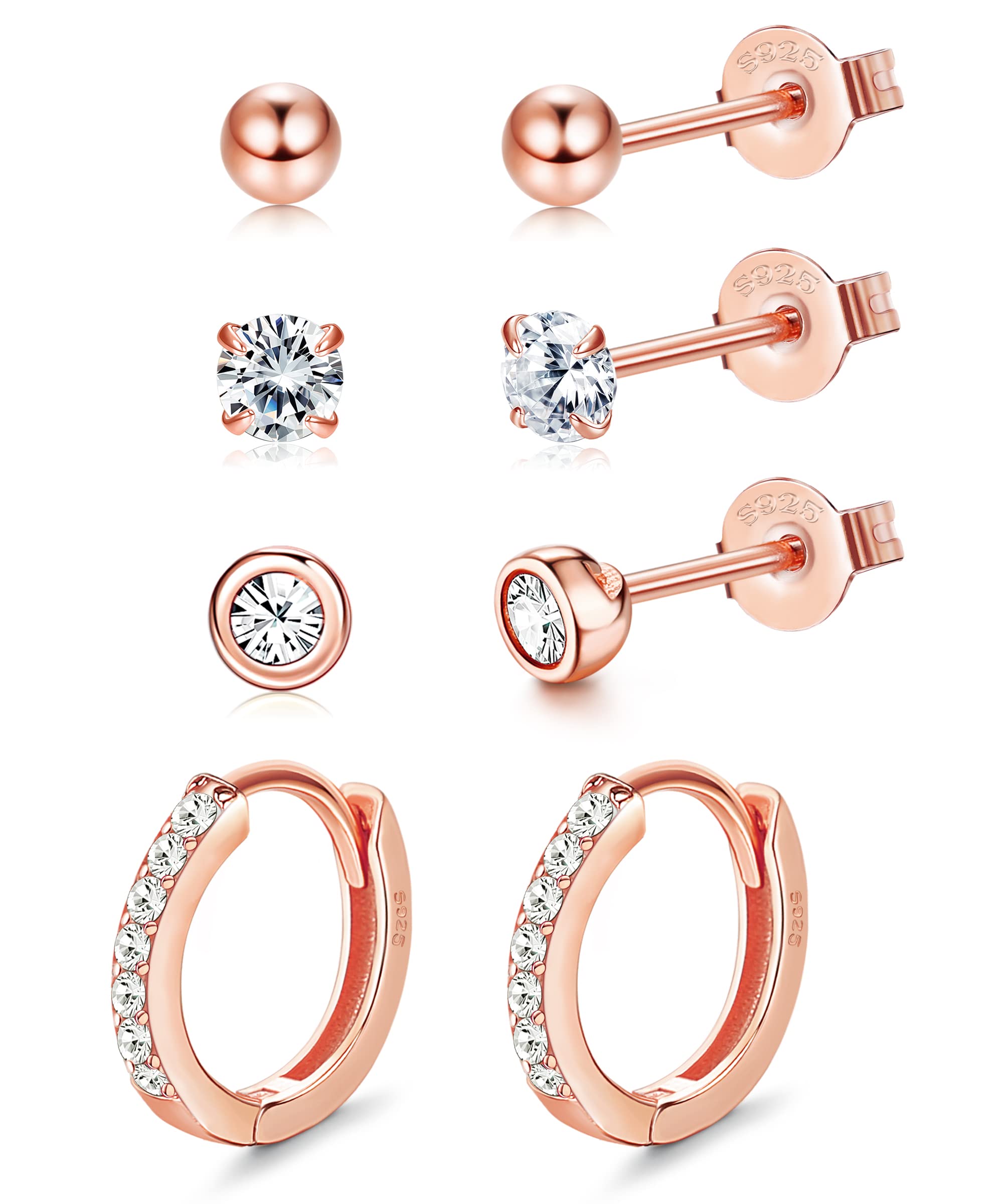 CASSIECA 4 Pares Pendientes Plata de Ley 925 para Mujer Niñas aros circoniña pendientes pequeño pendientes Cartílago Pendientes Hipoalergénicos Piercing Oreja Joyería