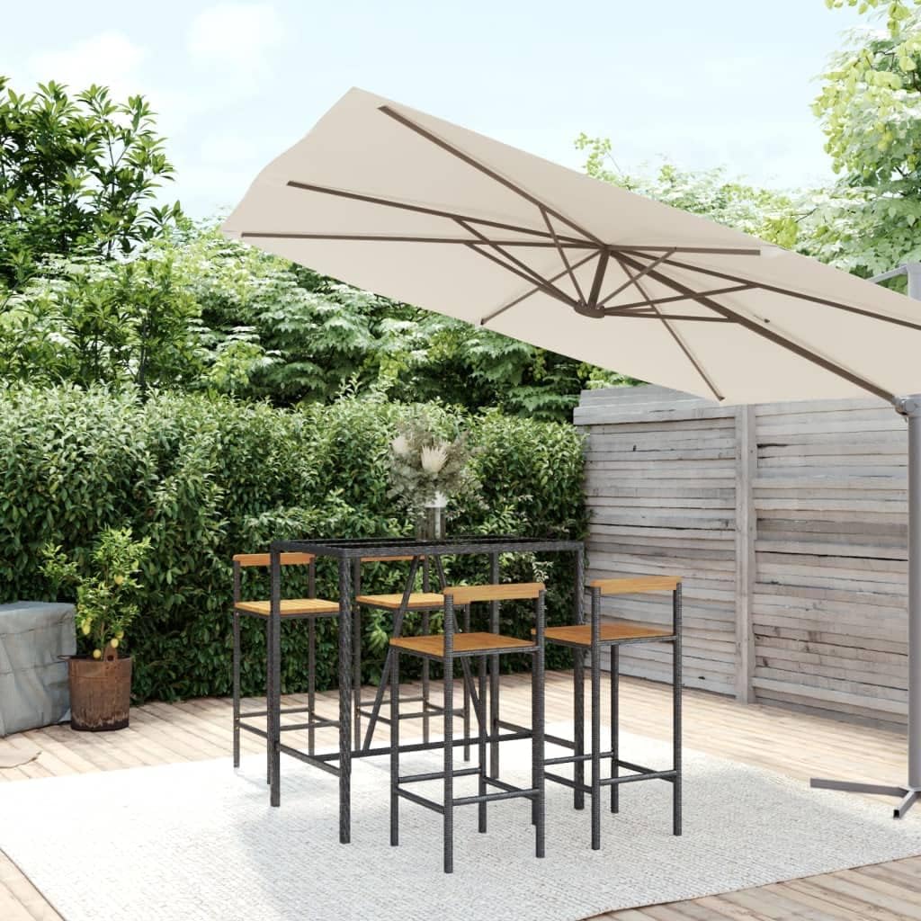 5 Piece Black Poly Rattan and Solid Wood Acacia Garden Bar Set with Tempered Glass Tabletop and Powder-Coated Steel Frame for Outdoor Patio