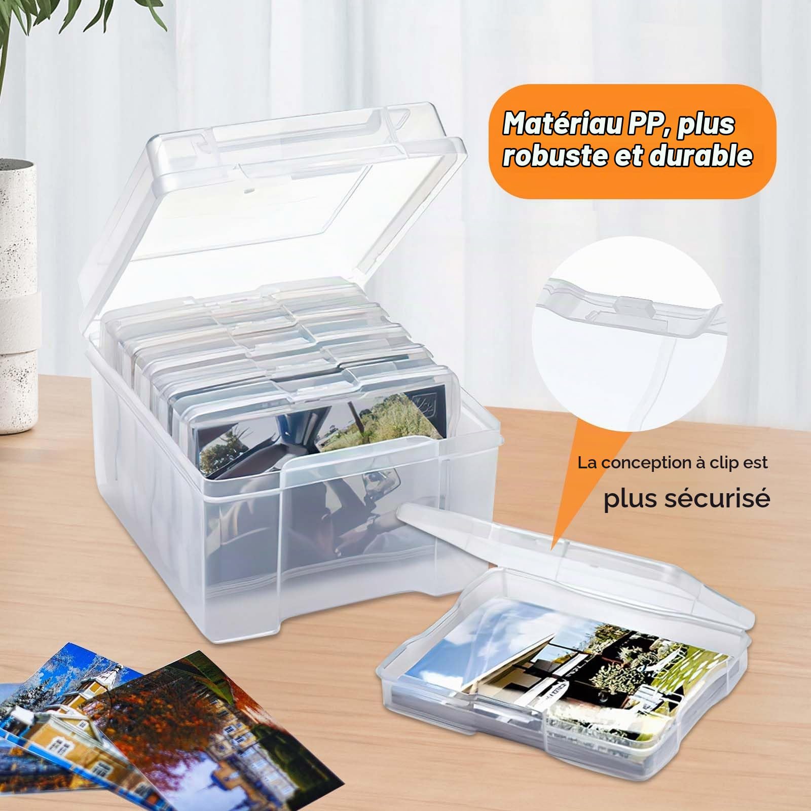 Boîte de Rangement Photo Organisateur de Photos en Plastique avec 6 Boîtes Intérieures et 40 Étiquettes Autocollantes pour Cartes, Photos, Tampons, Fournitures de Bureau, Graines