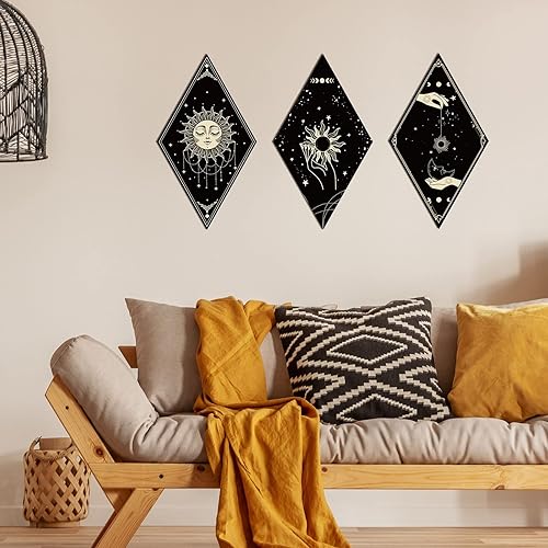 Vista 3 de Sintuff 6 Pieces Christmas Gothic Wall Decor Boho Sun Moon Phases Wall Art Gothic Minimalist Stars Sun Hanging Wooden Home Decor Farmhouse Pediments