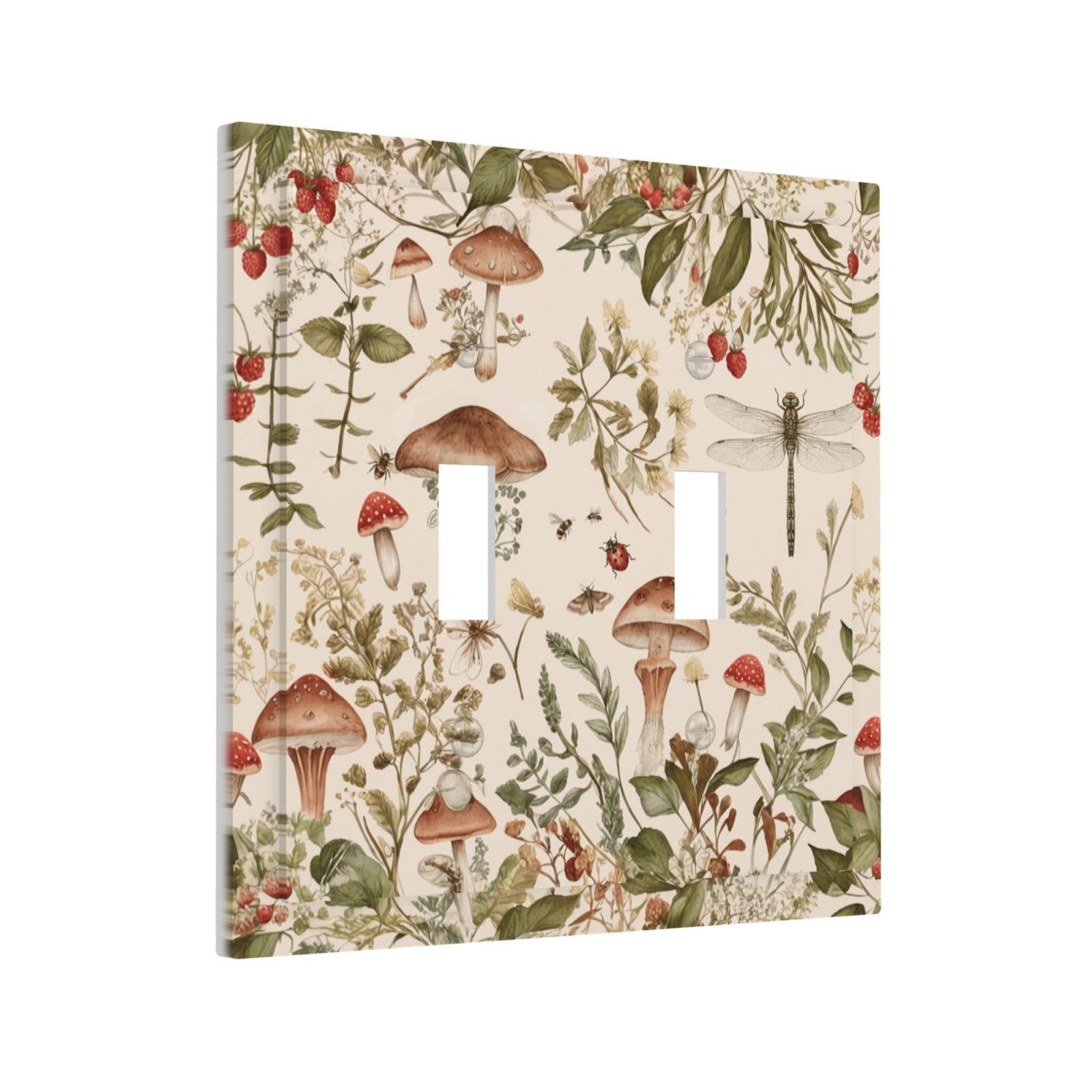 Sghxwp Watercolor Mushroom Wildflower Double Toggle Light Switch Covers Decorative Vintage Botanical Dragonfly Bee 2-Gang Wall Plate Electrical Switchplate Faceplate for Country Bedroom Decor