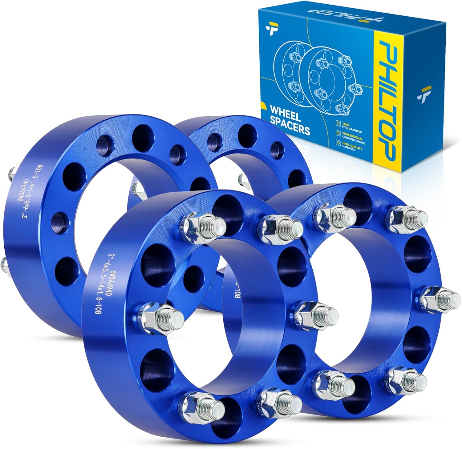 PHILTOP 6x5.5 Wheel Spacers 2 inch for INF-INITI, 4 Pcs 6 Lug Wheel Spacers with 108mm Hub Bore M14x1.5 Studs fit for 2011-2013 QX56, 2014-2022 QX80,Blue