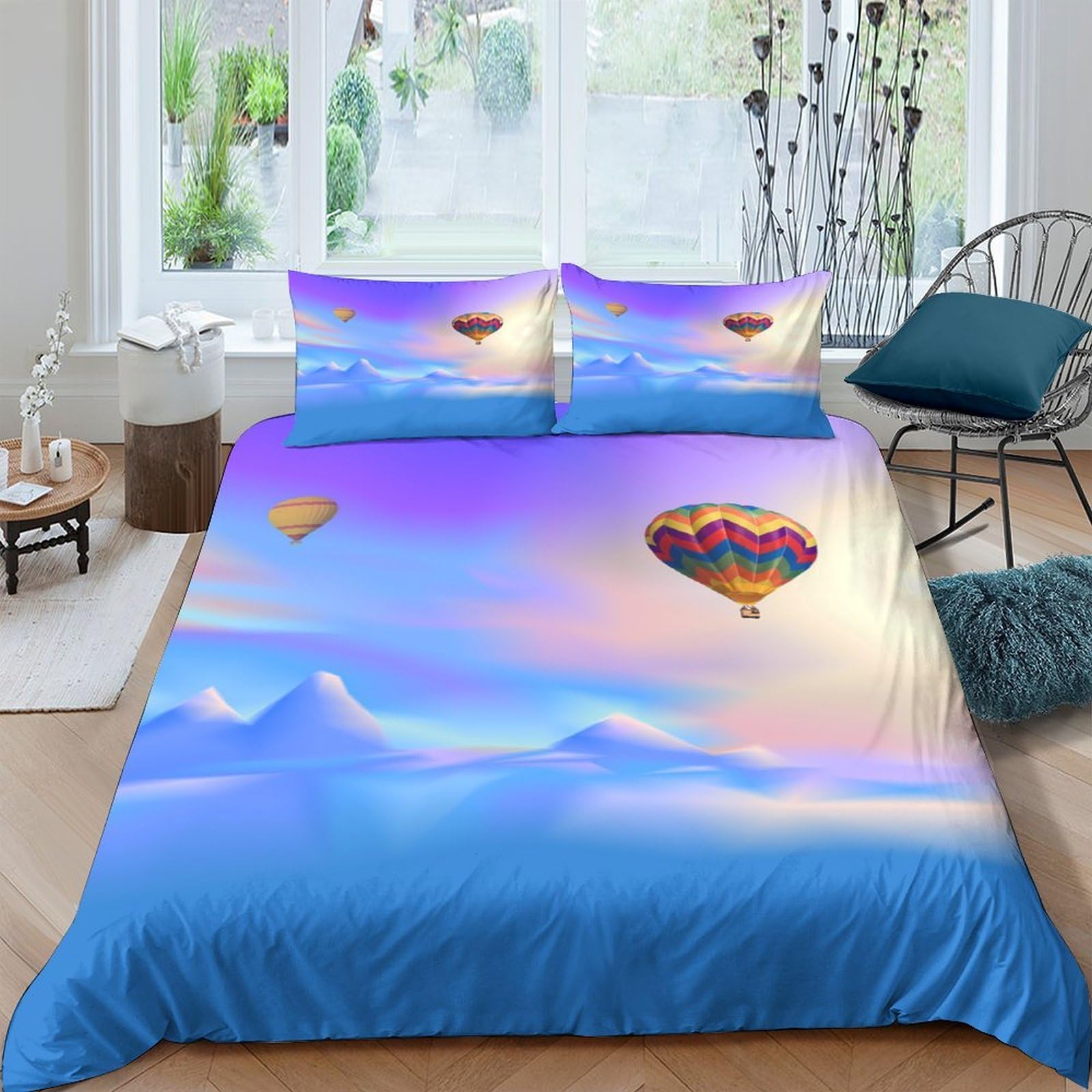 Ctjqhvkz Style-10 3D Printed Hot Air Balloon Sunrise Fitted Sheet Microfiber Soft Blue Sky Mattress Cover Bedroom Decor Single（135X200cm）
