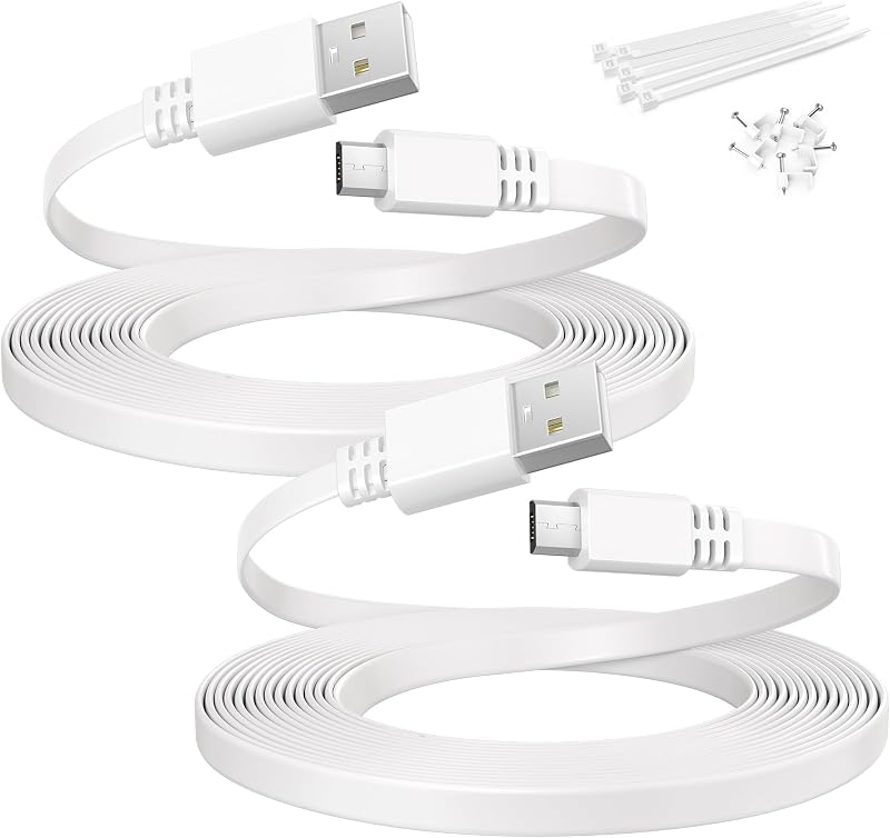Itramax Flat USB A to Micro USB Power Extension Cable 20FT/6M 2Pack,White | Long Charging Extender Cord Wire Replacement for Security Camera,Blink Mini/XT2,Wyze Cam v4/OG,YI Home,Ring,Arlo,eufy,EZVIZ