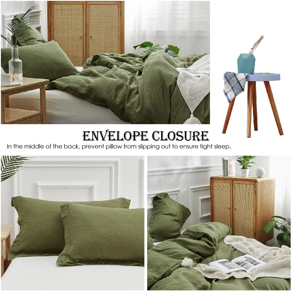 Simple&Opulence 100% Linen Duvet Cover Set 3pcs Basic Style Natural French Washed Flax Solid Color Soft Breathable Farmhouse Bedding with Button Closure - Olive Green, King
