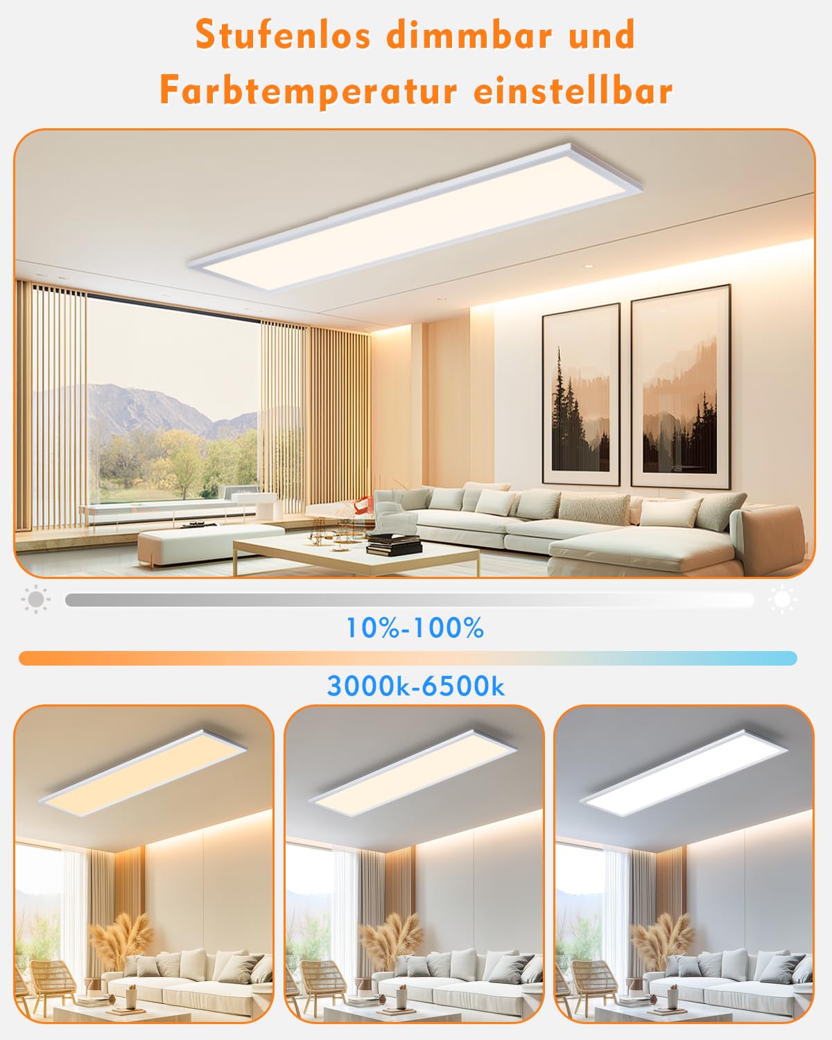 GIACOMO LED Deckenleuchte Dimmbar, 100x25CM LED Panel Flach, Deckenlampe mit Fernbedienung 36W 3600LM 3000-6500K mit Nachtlicht 1800K 8W für Schlafzimmer Wohnzimmer Küche