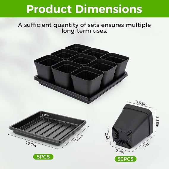 Seed Starter Tray Kit 3.5 50 Pcs Square Nursery Pots Trays 9 Cell Seed Starting Pots with Drainage Holes 5 Pcs Seed Starting Trays 20 Plant Labels Planting Tool and 1 Pen Planter Nursery Propagation