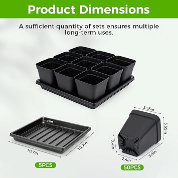 Seed Starter Tray Kit 3.5 50 Pcs Square Nursery Pots Trays 9 Cell Seed Starting Pots with Drainage Holes 5 Pcs Seed Starting Trays 20 Plant Labels Planting Tool and 1 Pen Planter Nursery Propagation