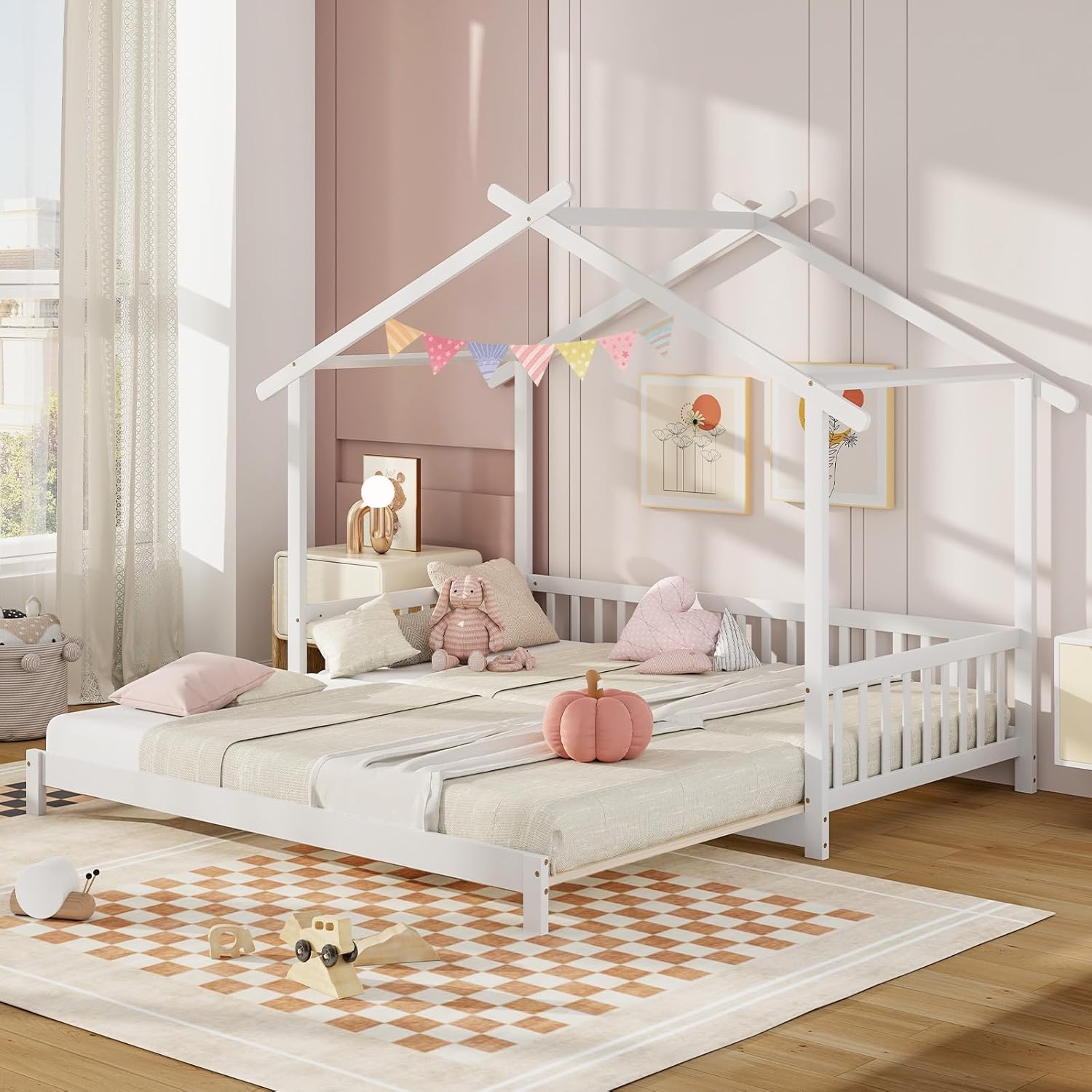COSTWAY Wooden Kids Bed Frame, Single to Double House Daybed with