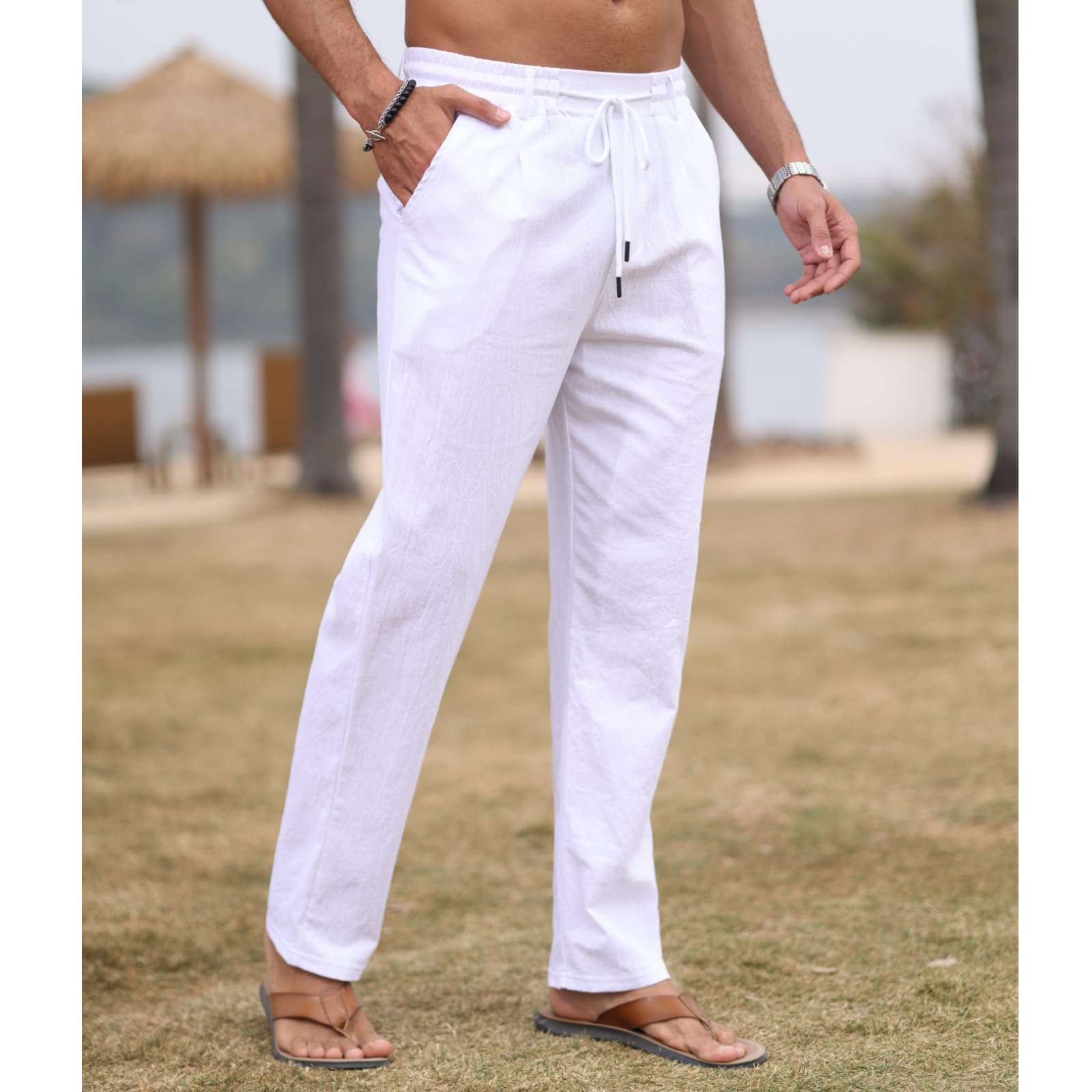Pantalon Homme Ete Coton Lin Pantalon Leger Yoga Été Grande Taille Elastique Pantalons de Sport M-2XL