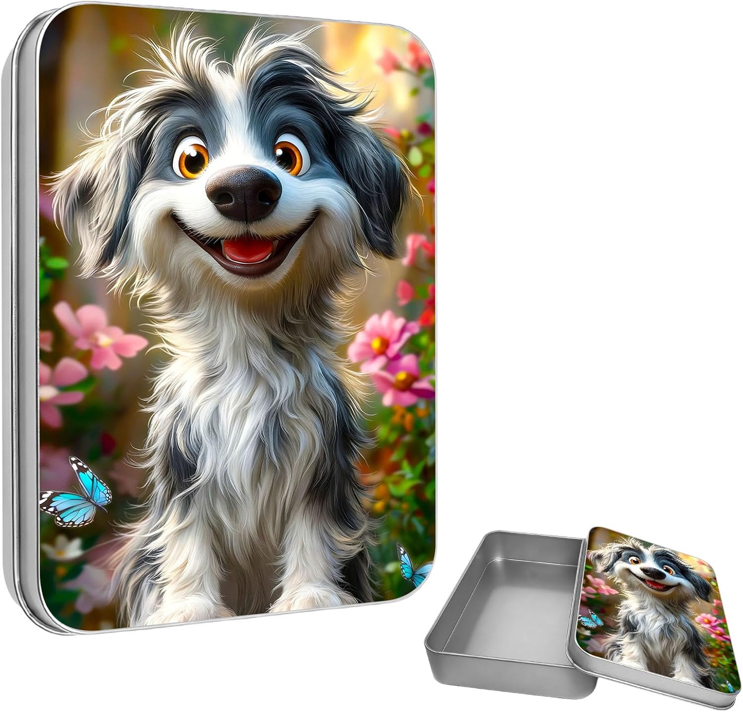 Small Metal Tin Box with Lid, 4.53×3.35×0.9 Inch Mini Storage Containers for Crafts, Jewelry, Office, Home Organization & Small Items, Dog with Pink Flowers and Butterfly