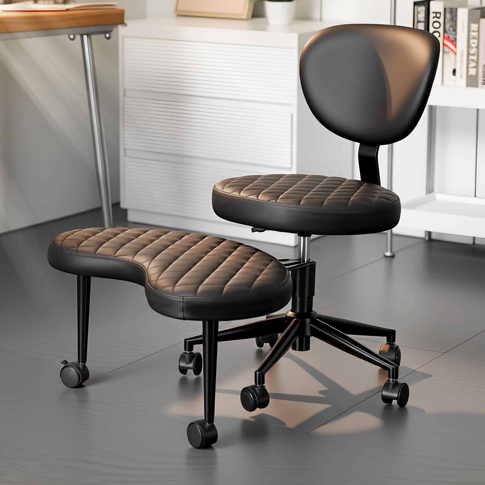 HOMRELEXA Bürostuhl mit Kreuzbeinen, 360° drehbar, Ergonomischer Kniestuhl, Criss Cross Schreibtischstuhl mit Verstellbarer Höhe, ADHS-Meditationsstuhl mit Rückenstütze, PU-Schräge Karos, Schwarz