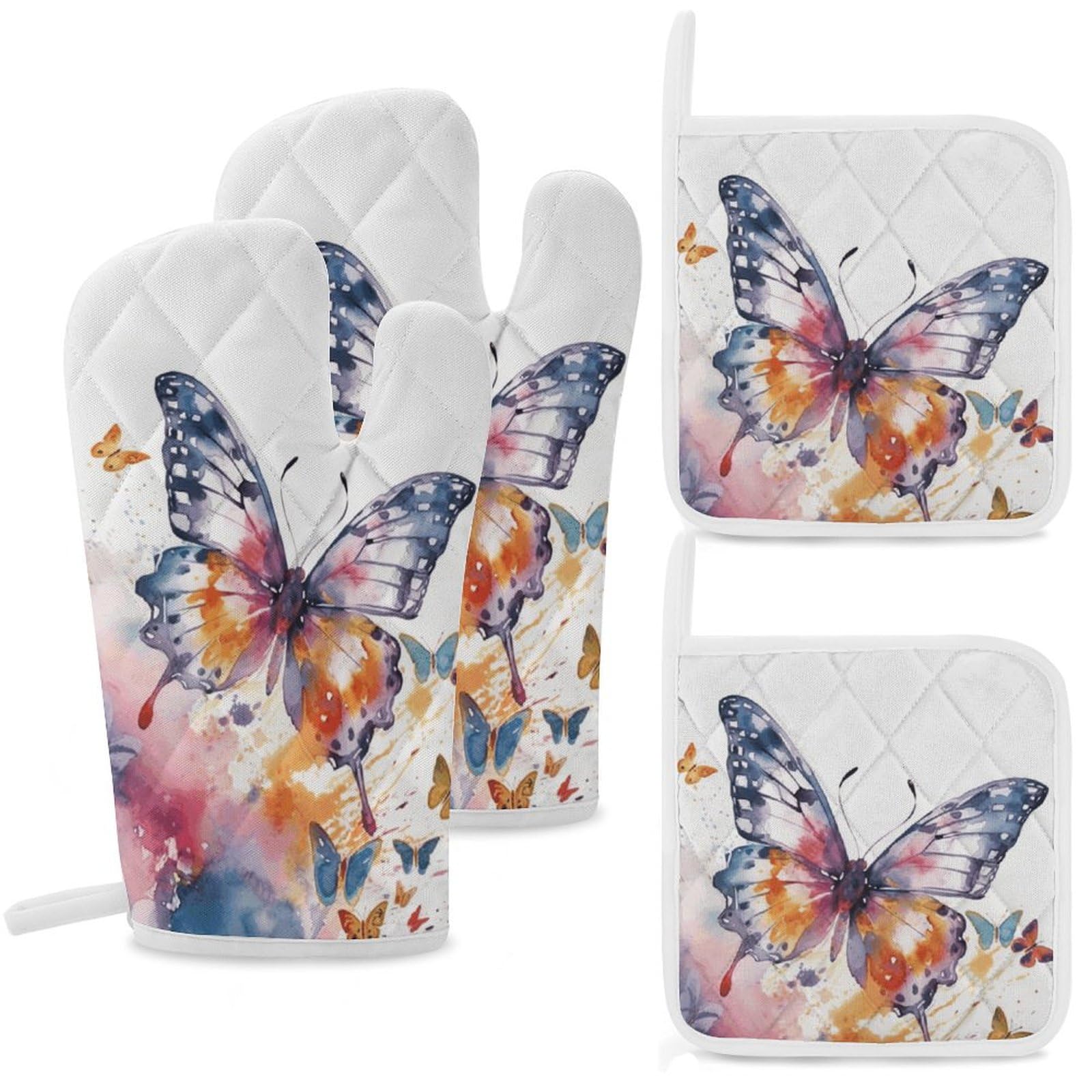 Gants de cuisine anti-chaleur et maniques à motif papillon aquarelle