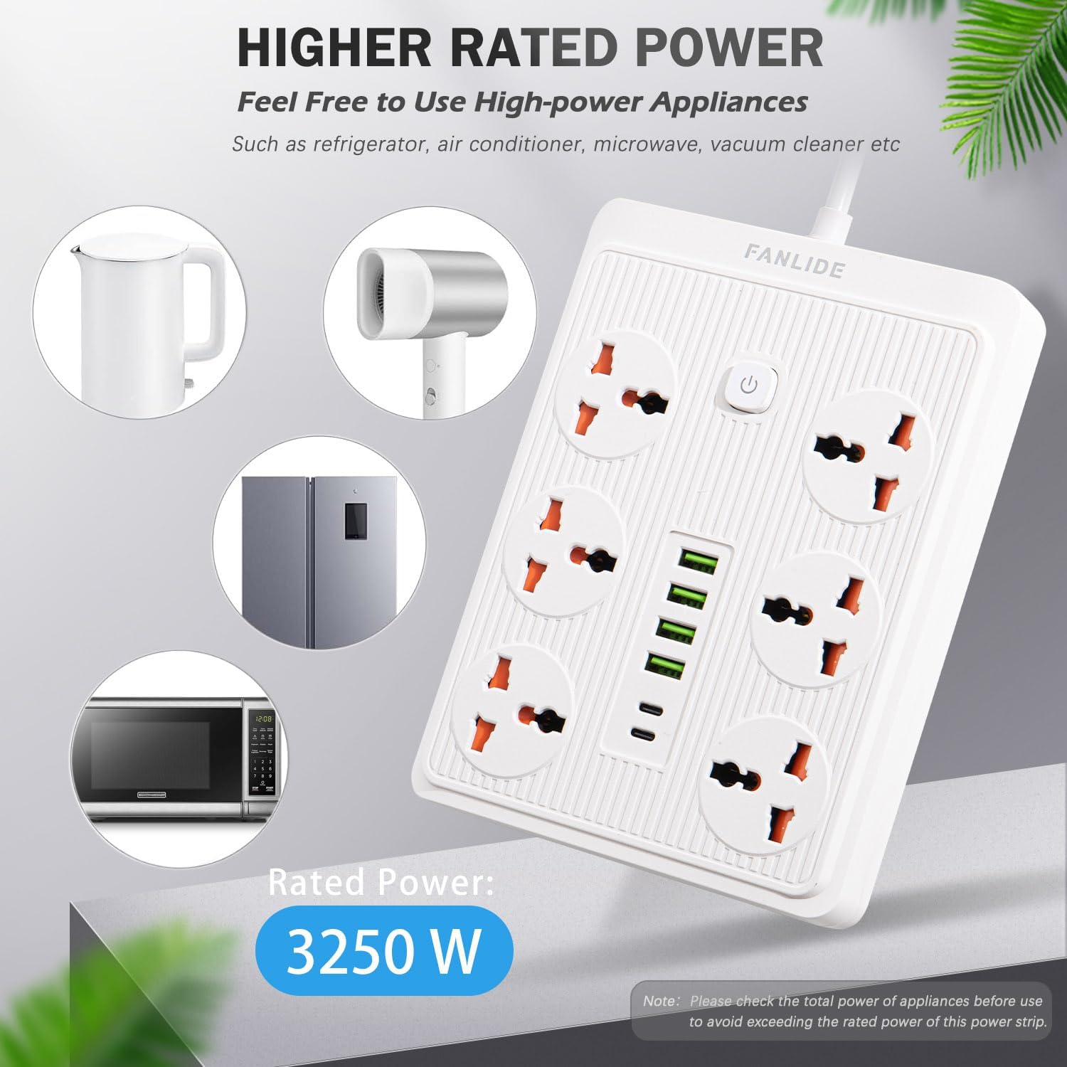 FANLIDE Power Strip with 45 Degree Plug and 10ft Long Cord, 6 Universal Socket, 13A 3000W Power Strip with Surge Protection, 6 USB Ports Desktop Charging Station(4 USB-A & 2 USB-C)