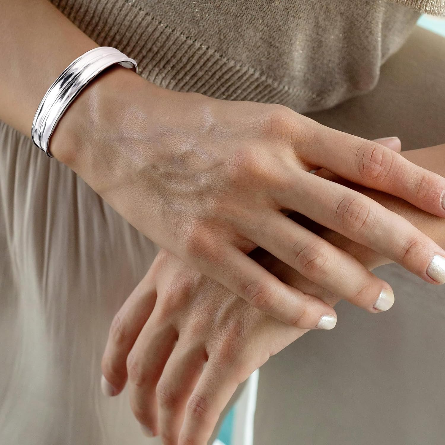 Irregular Hammered Wave Texture Cuff Bracelet for Women - Sterling Silver Open Bangle Hypoallergenic Jewelry - Image 2