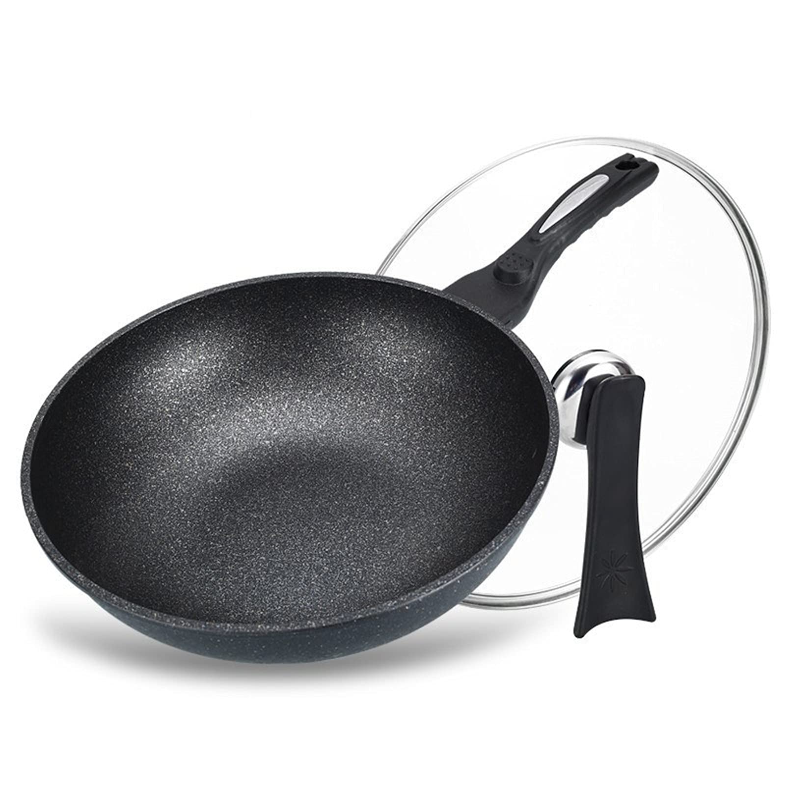 Patelnia woka, nieprzywierająca patelnia indukcyjna z pokrywką, patelnia do mieszania z kutego odlewu aluminiowego, 3-warstwowa powłoka zapobiegająca przywieraniu bez PFOA, granit (czarny 30 cm)