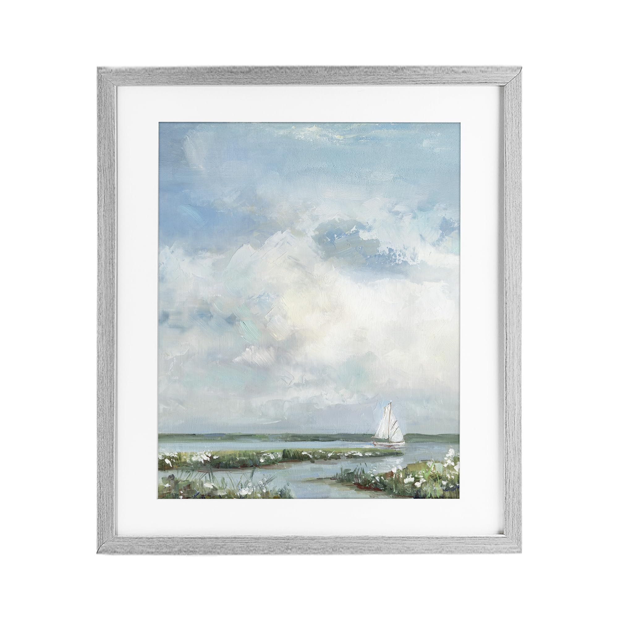Stupell Industries 'Sailboat On Summer Marsh', Framed Print Under Glass, Gray, 17 x 21 Inches, Easy to Hang and Sturdy, Made in USA, by Sally Swatland