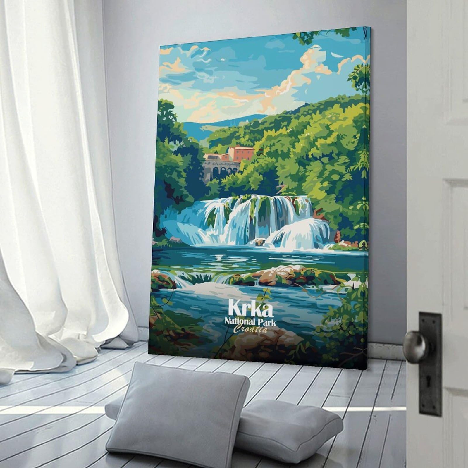 Junmoney Krka National Park Croatia Illustration Hanging Wall Art, 16x24inch(40x60cm), for New Homes, Bedrooms Or Workspaces, Thoughtful Wall Decor for Art Lovers