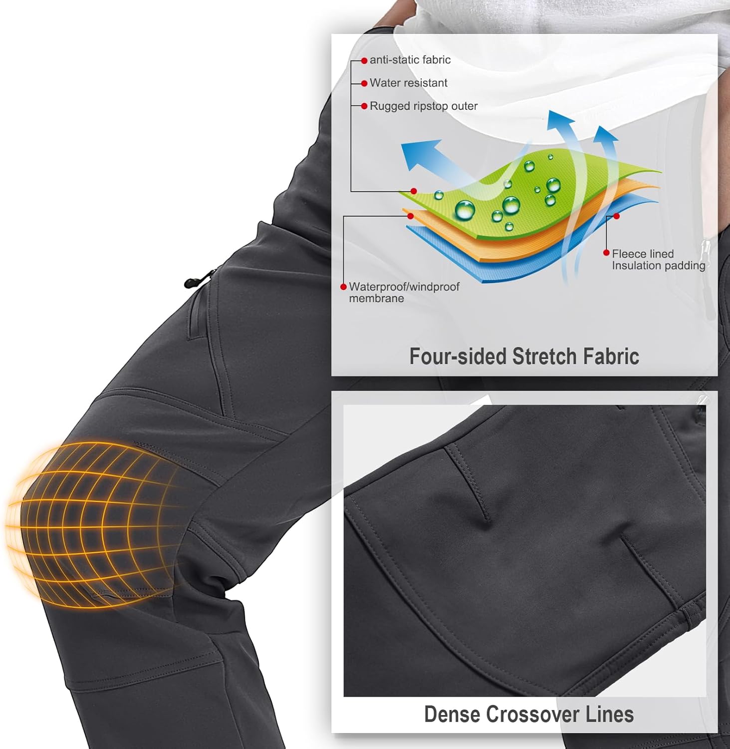 Toomett Snow pants men ski waterproof Hiking Insulated Fleece Lined winter Outdoor softshell cargo pants6078,Grey,42 - Image 5