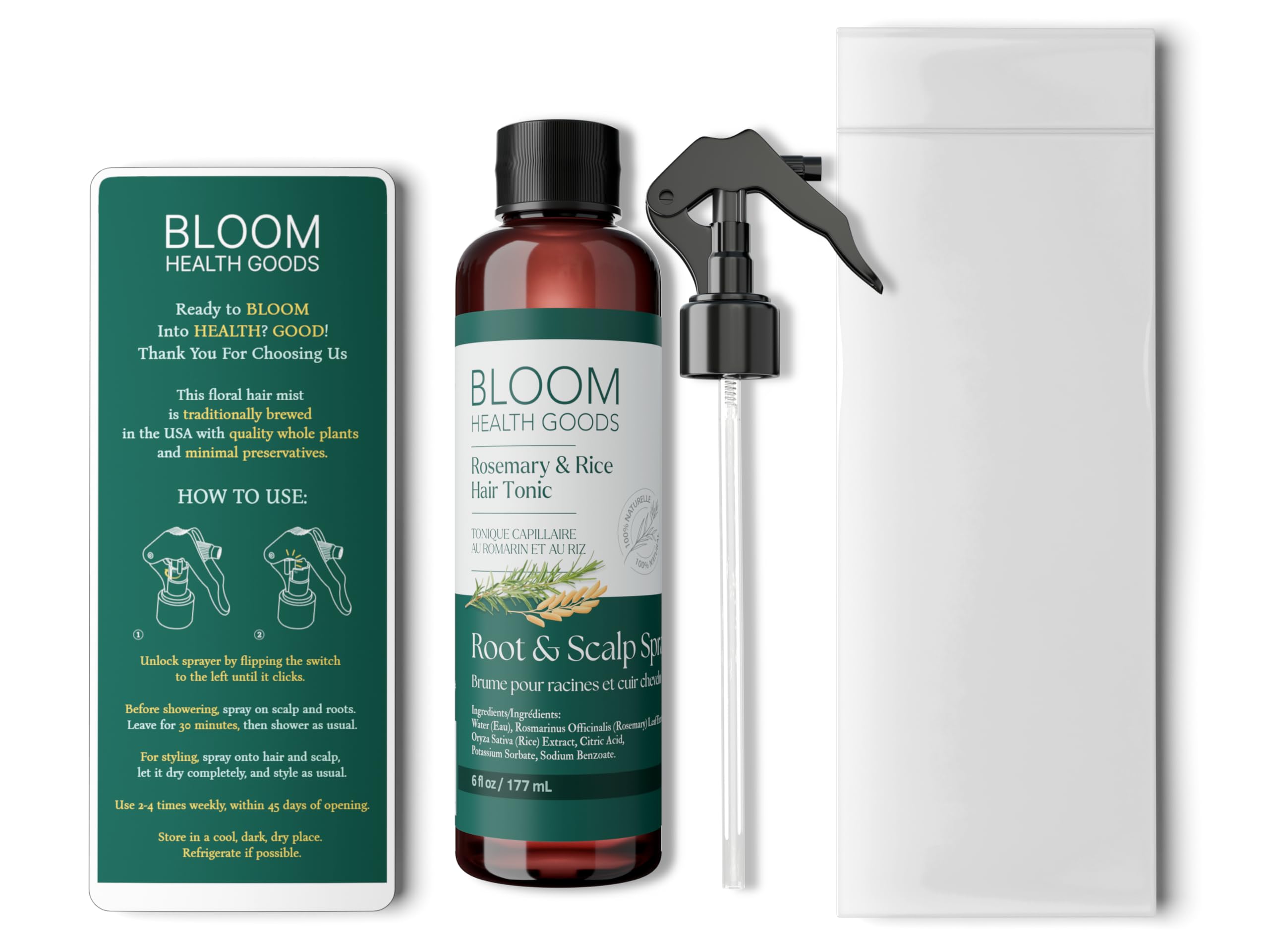 Bloom Health Goods Spray de agua de romero y arroz de cosecha propia para la salud del cabello