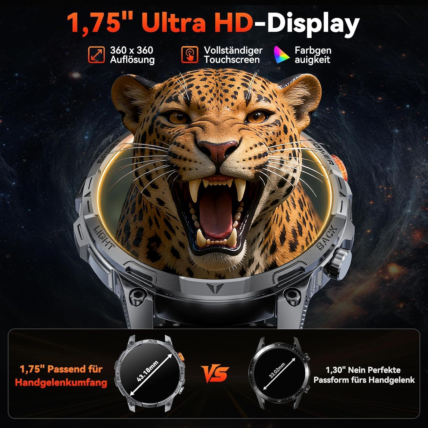 Reloj Inteligente Hombre con LED Linterna,1000mAh/IP68 Impermeable/1,75" HD Militar Smartwatch con Llamadas,110+ Modos Deportivos/24/7 Pulsómetro/Sueño/Podómetro Pulsera Actividad Android iOS