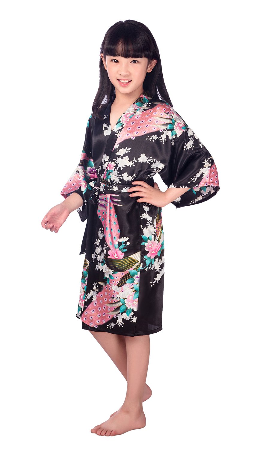 Westkun Niñas de satén Peacock 3/4 Bata Albornoces Ropa Niños Vestidos Japoneses Kimono Tradicional Seda Tela Túnica Desgaste de Dormir para la Boda del Cumpleaños del Partido