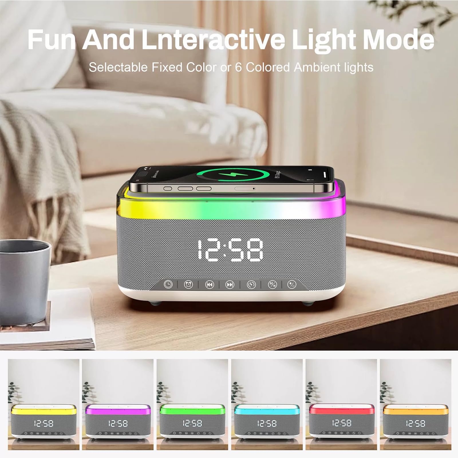 Sveglia digitale con stazione di ricarica e altoparlante Bluetooth, luce notturna da 15 W, caricabatterie wireless per iPhone Samsung