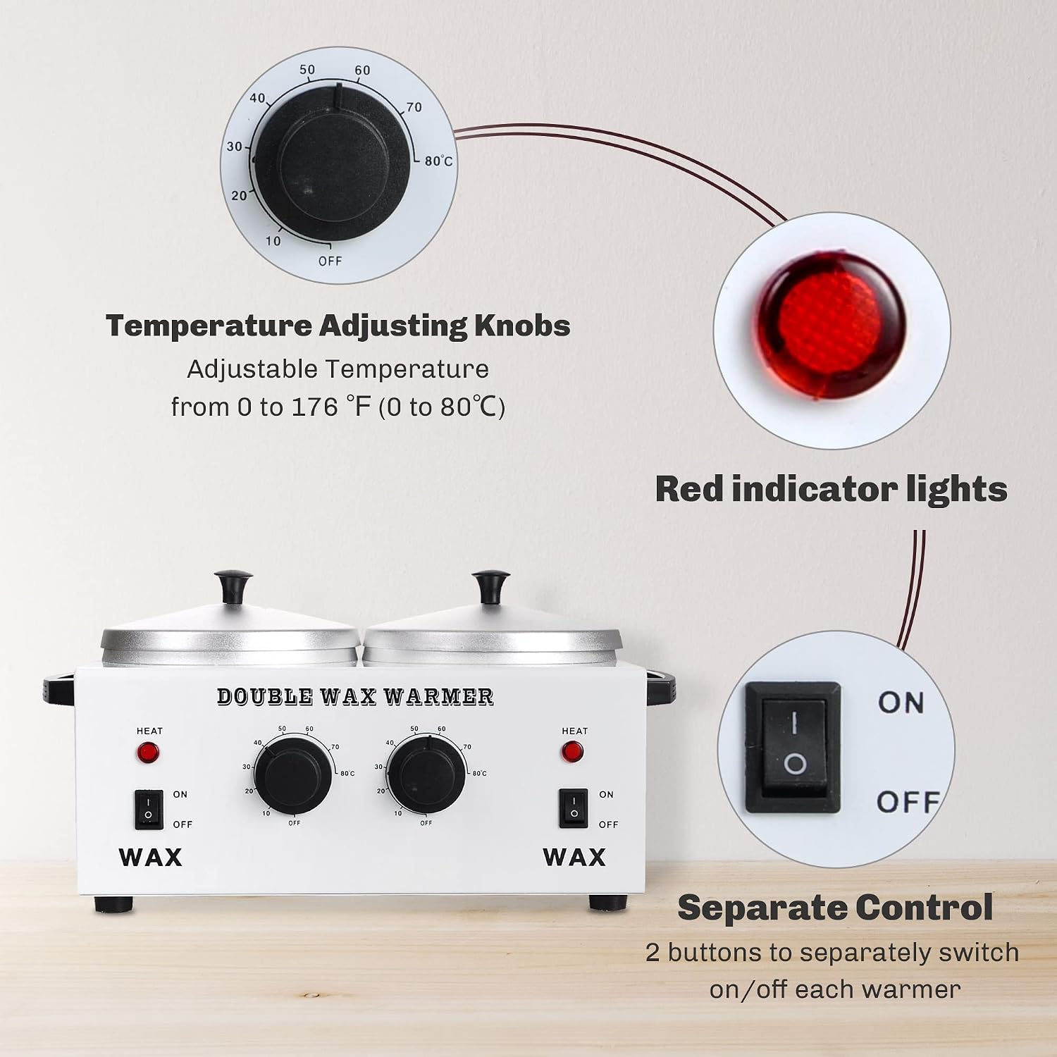 AW Dual Pot Wax Warmer Professional Electric Heater Dual Parrafin Hot Facial Skin Equipment with Cover Brackets Sticks SPA Home Adjustable Temperature Set