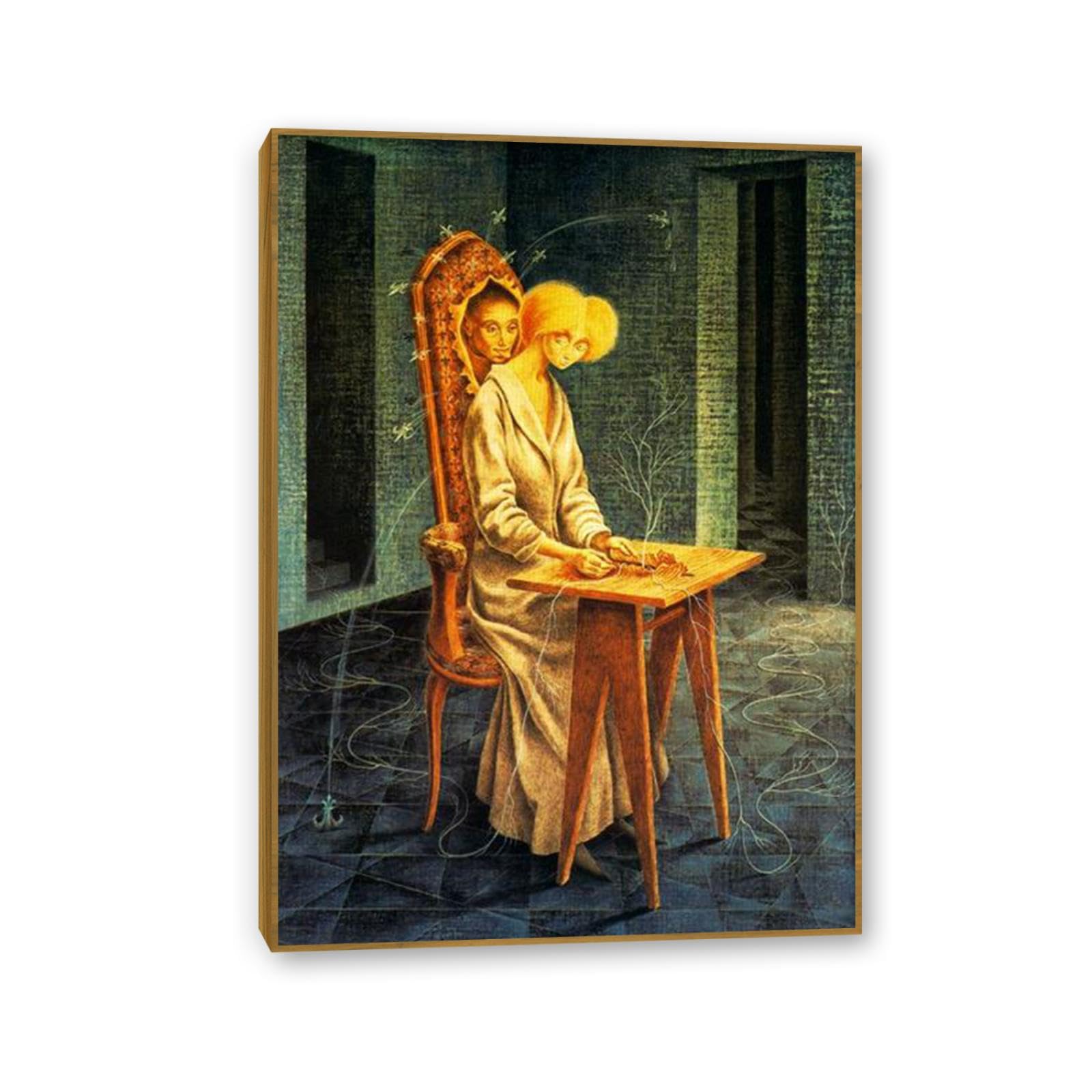 MYCGGDGH Remedios Varo Canvas Wall Art Reproductions of Famous Paintings Disturbing presence Posters Remedios Varo Print Wall Decor for Living Room Bedroom Home Decor 100x70cm(39x28in) Teak frame