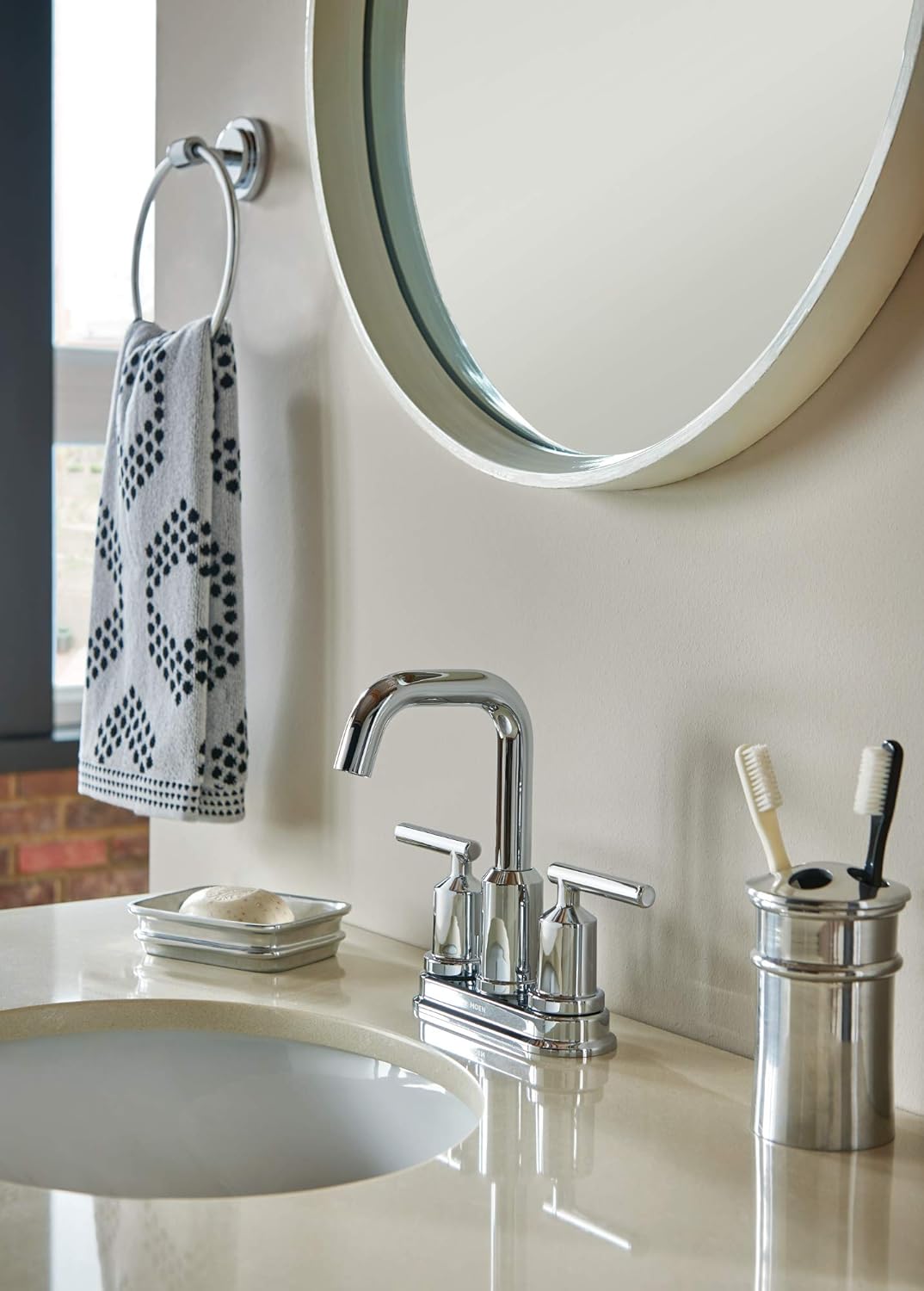 Moen DN0786CH Iso Towel Ring, Chrome with Moen DN0708CH Iso Pivoting Toilet Paper Holder, Chrome