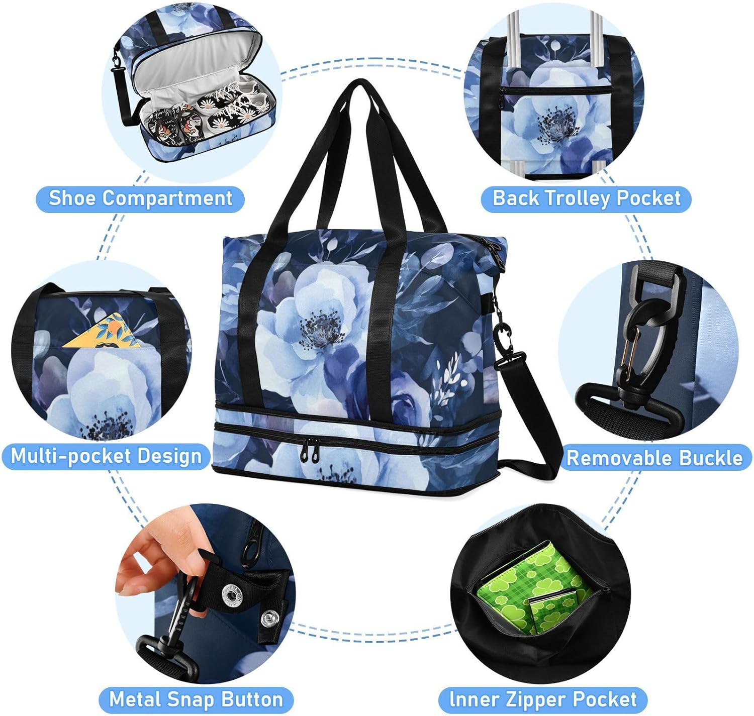 Floral Pattern Navy Blue Large Gym Bag Sports Gym Tote Bag with Toiletry Bag for Hiking Multifunctional