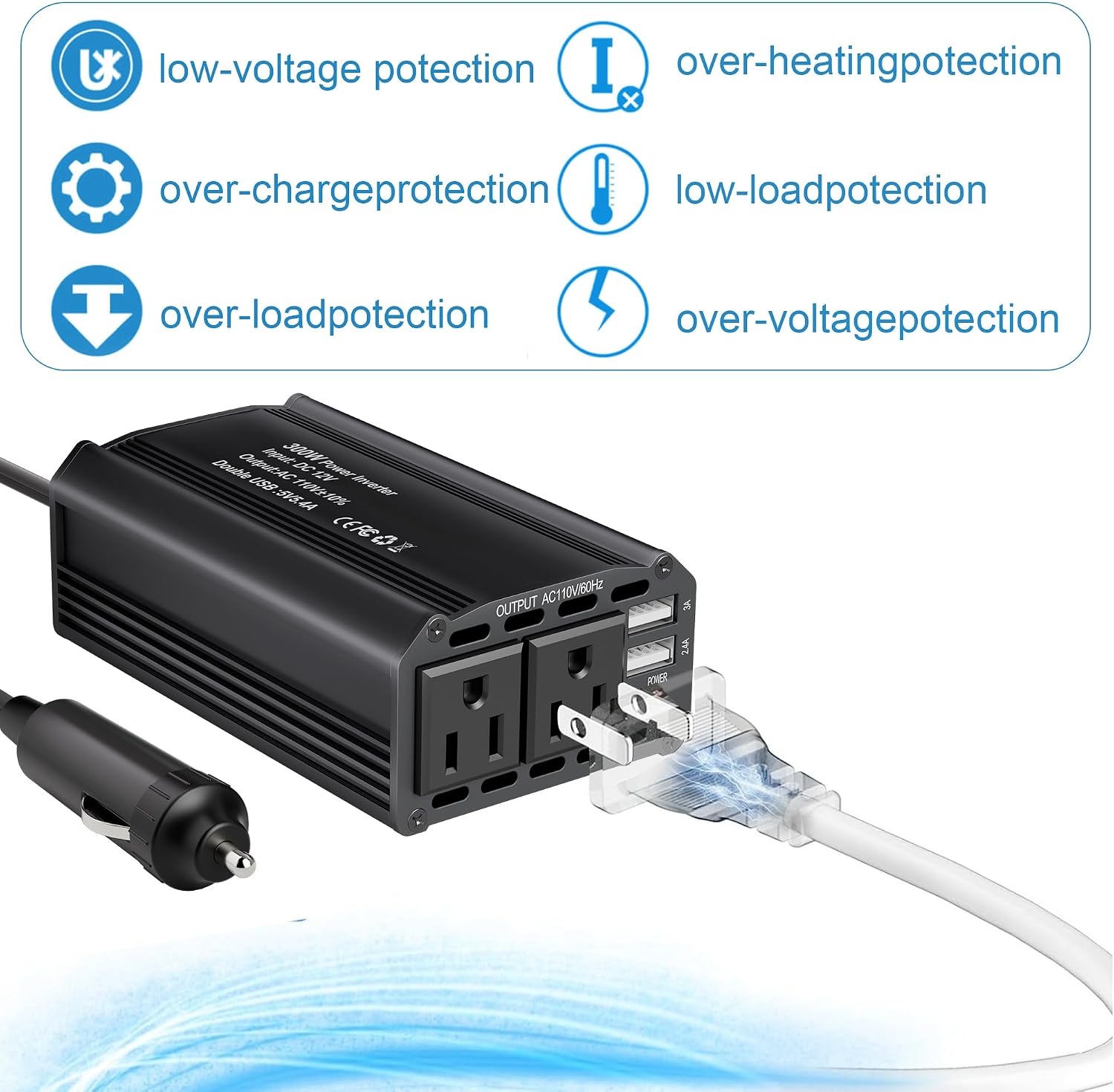 300W Power Inverter 12V DC to 110V AC Car Plug Adapter, Car Outlet Adapter to Wall Plug with 3A/2.4A USB-A, Car Charger Converter Plug in for Laptop Road Trip Essentials Camping Accessories