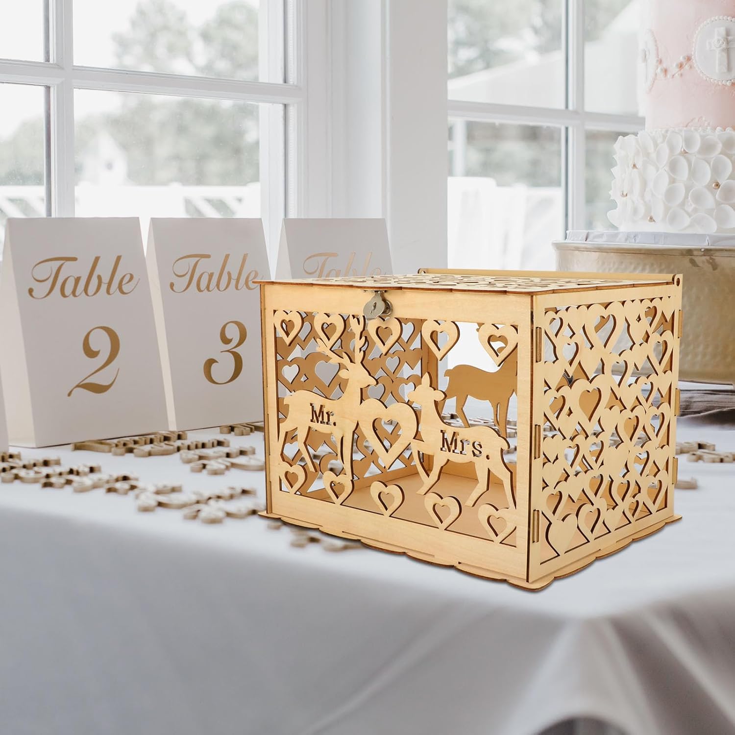 MAGICLULU Wooden Wedding Card Box Large Rustic Envelope Money Holder Hollow Carved Cards Case for Wedding Reception Party Decoration