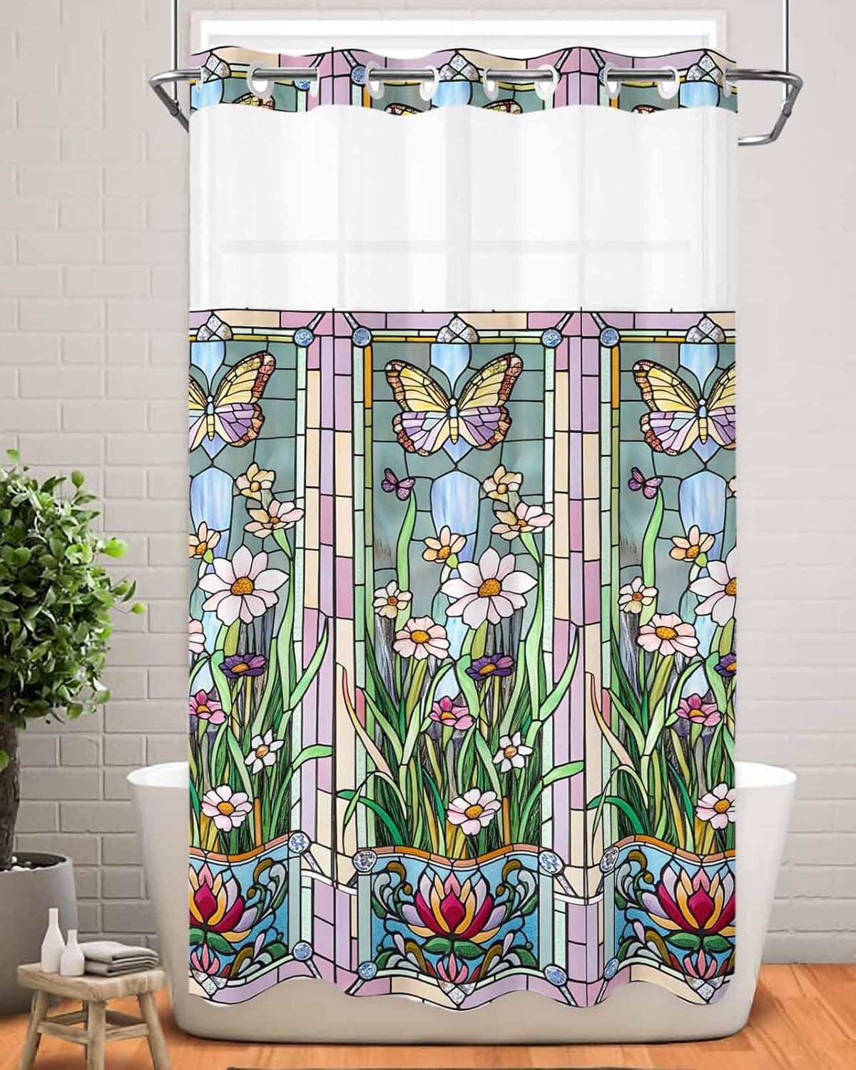 No Hook Shower Curtain with Snap in Liner,Retro Abstract Blossom Flower Waterproof Bath Curtain with See Through Top Window,Butterfly Leaves Plant Paper-cut Shower Curtains for Bathroom Decor,36x72in
