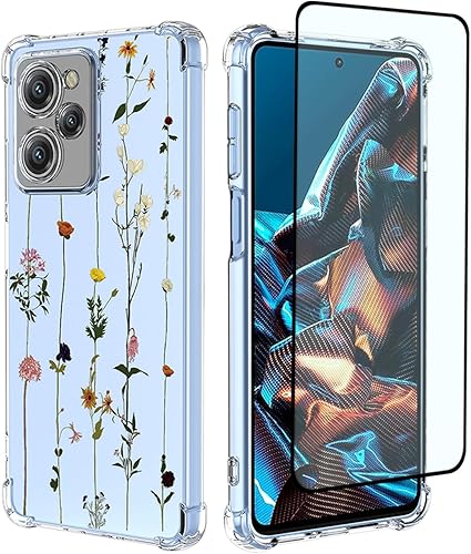 Funda para teléfono Redmi Note 12 Pro Speed, Poco X5 Pro 22101320G con protector de pantalla, funda transparente con patrones de jardín de flores,