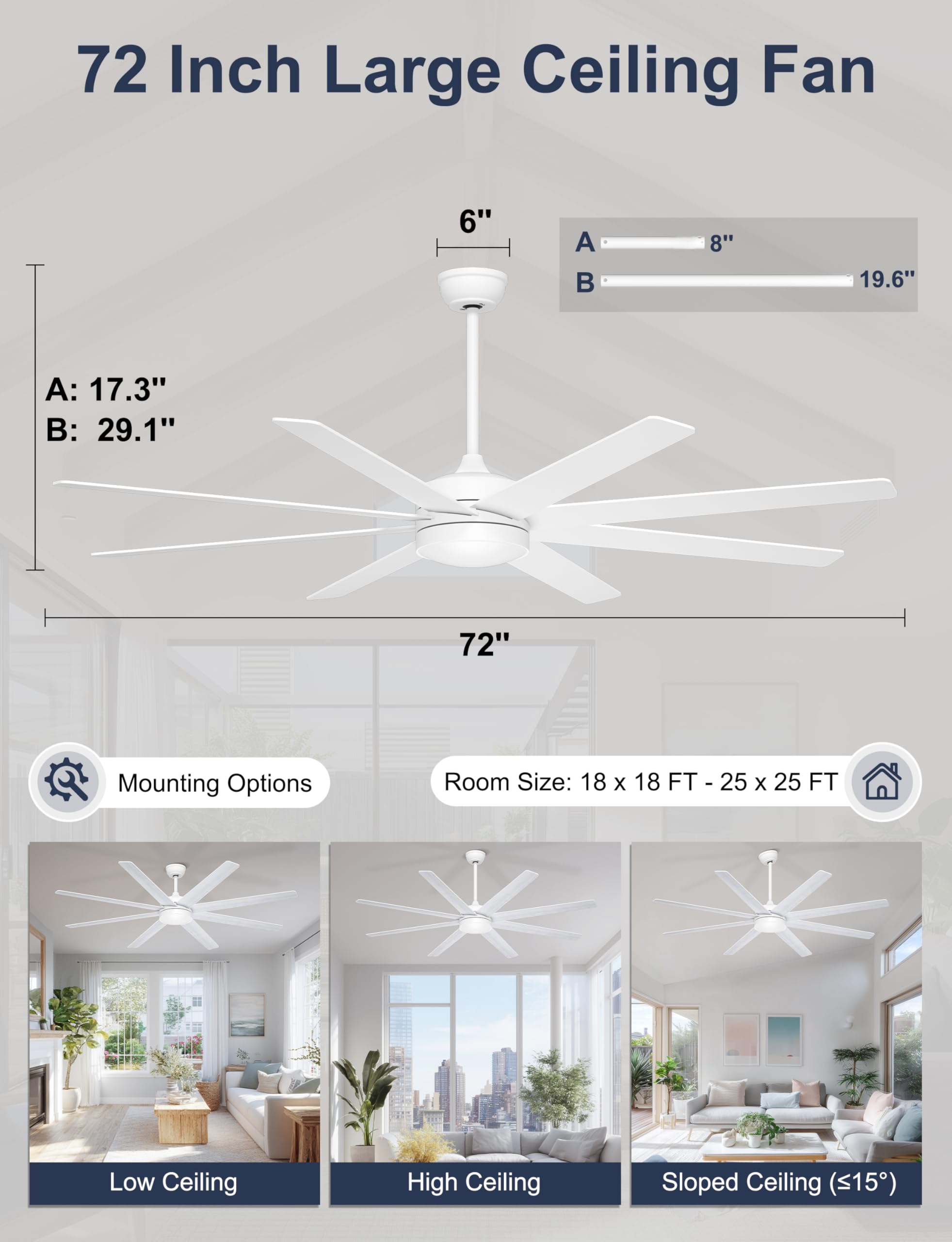 72 Inch Large Ceiling Fans with Lights 8 Blades White Ceiling Fan Remote APP Control Dimmable Reversible Big — view 3
