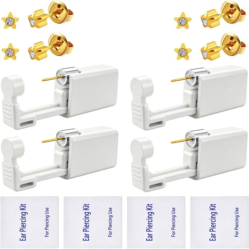 Kit para Piercing de Orelha SLVIEKAE com 4 Pistolas Descartáveis e Brincos CZ Pré-carregados