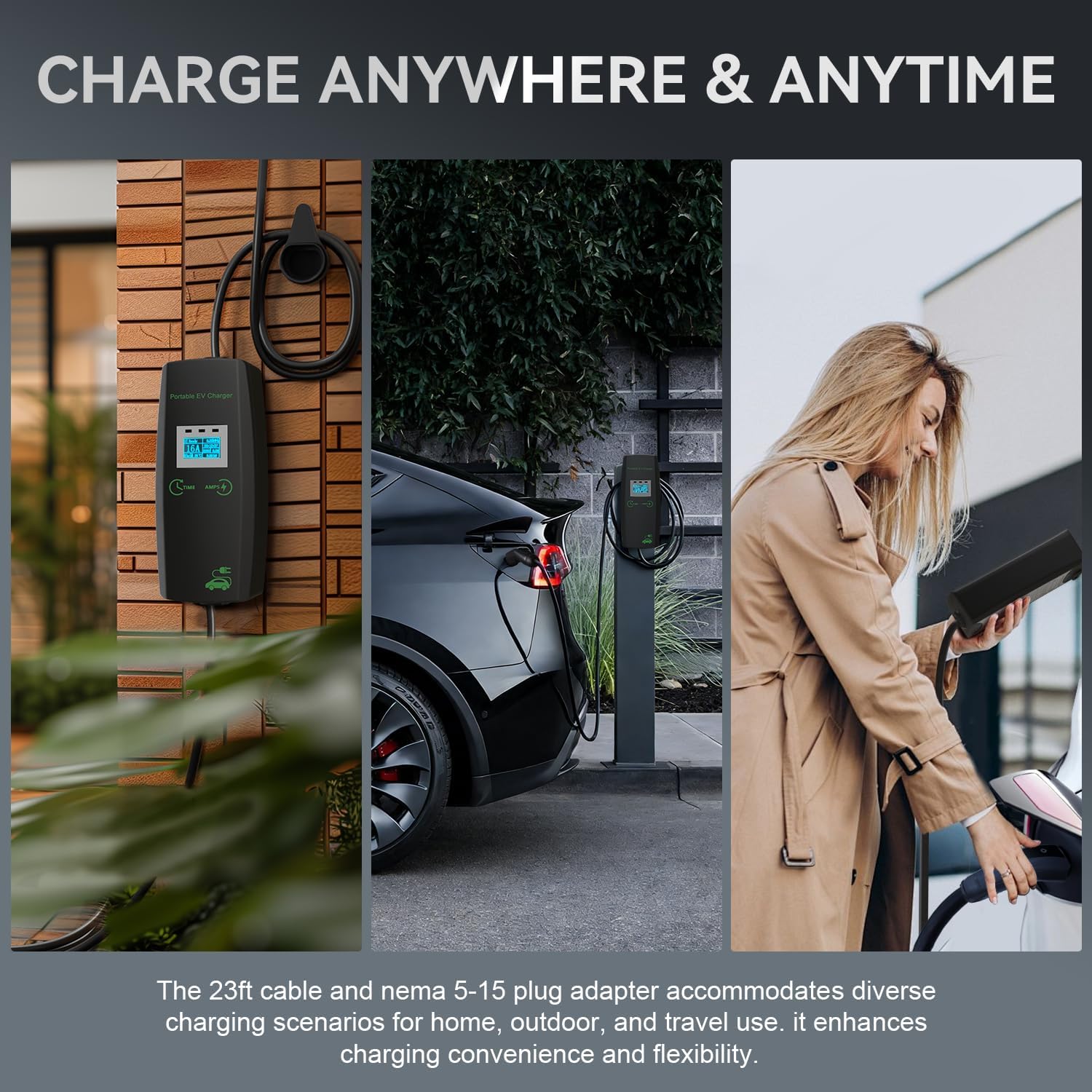 KHONS Level 1 EV Charger for Tesla 16A 120V Plug-and-Play with NEMA 6-20R to 5-15 Adapter (23ft Cable) 100% Pure Copper Core Cable Portable Electric EV Charger Compatible with NACS Models X/Y/S/3