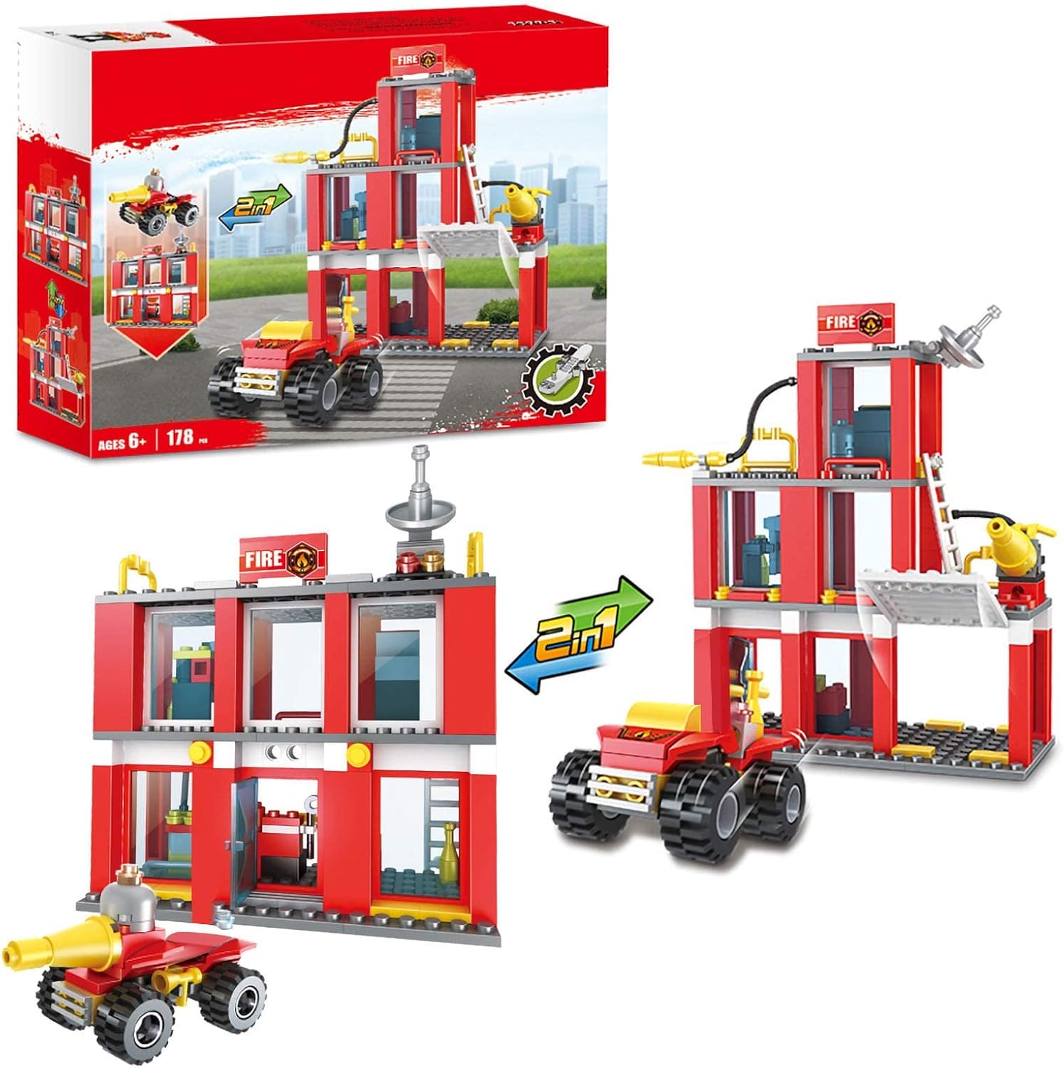 City Fire Station 2in1 Fire Truck Fire Fighter Building Set Fire Engine Vehicles Set Juniors Present Building Blocks Xmas Gifts Construction Play Set Education Toys for Boys Girls 178pcs