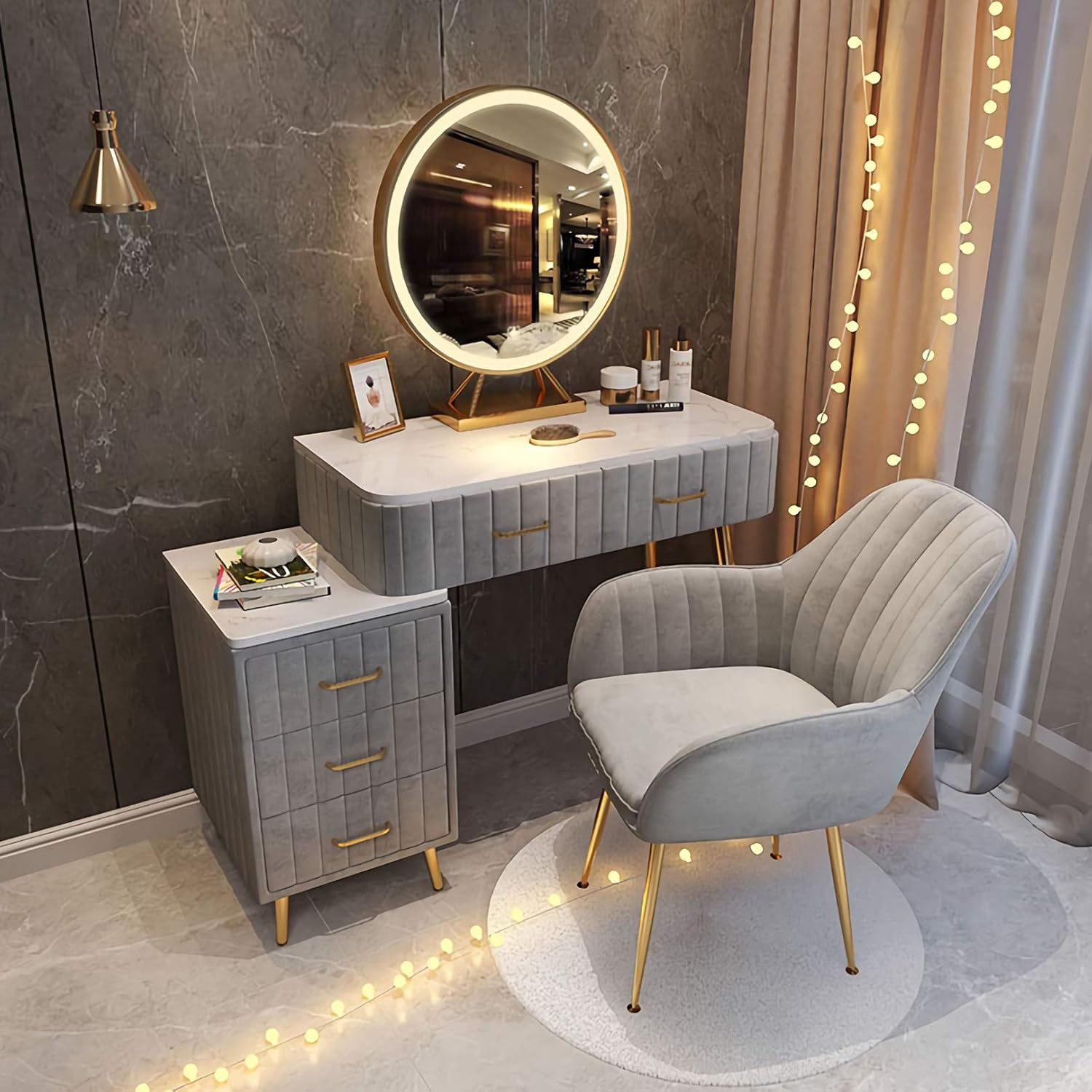 Girls Dressing Table Vanity Set with Adjustable Brightness Mirror Makeup Stool and Large Capacity Marble Table Top（B-100cmx40cmx76cm）
