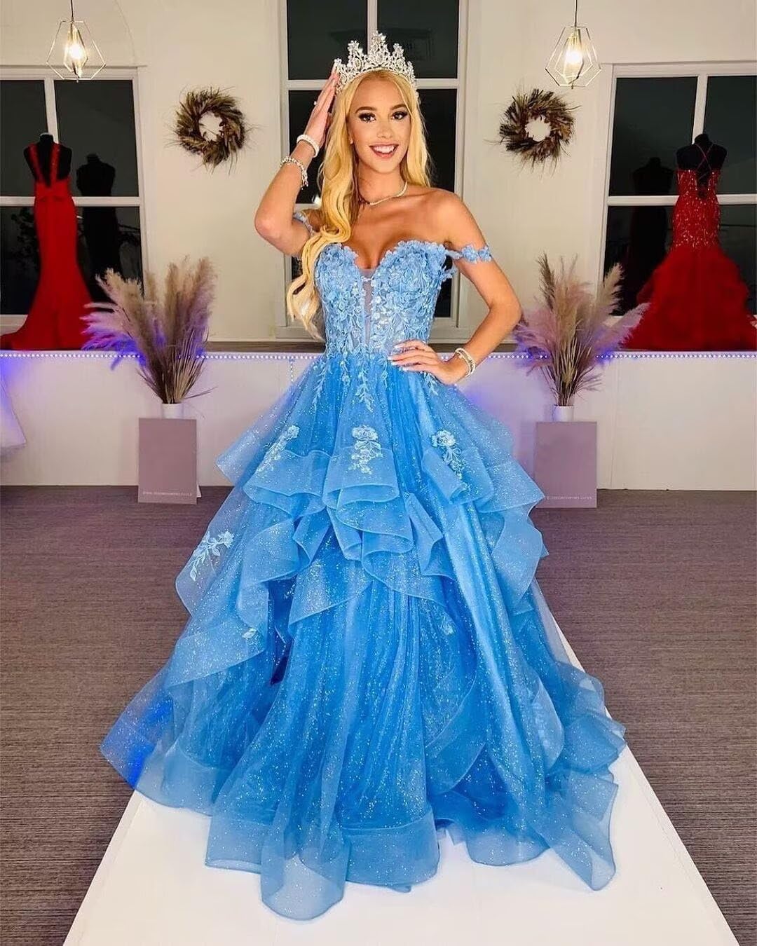 Off Shoulder Glitter Tulle Prom Dresses Ruffle Tiered Long Ball Gown Sweetheart Laces Appliques Princess Dress - Image 5