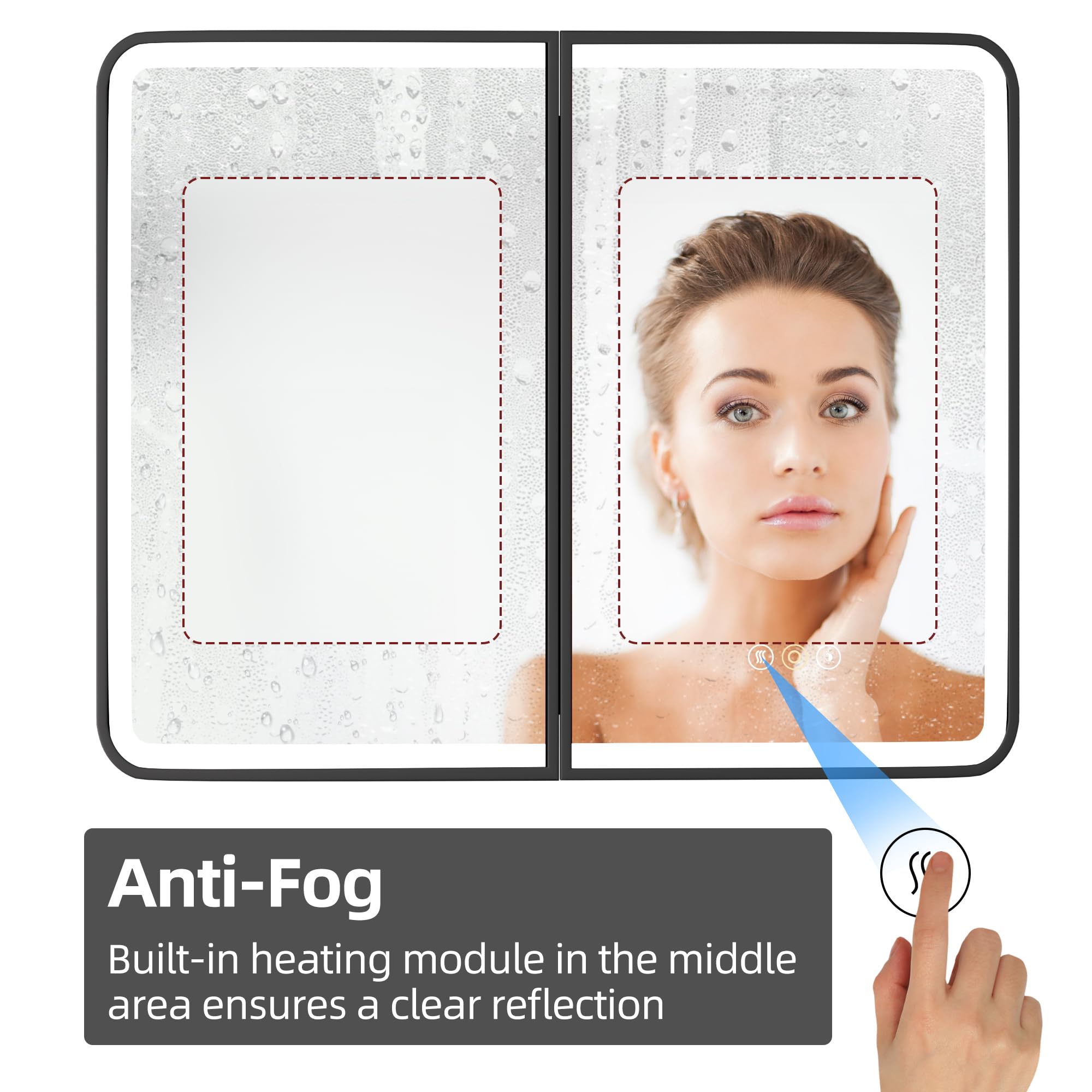 Armoire à pharmacie LED de 81,3 x 76,2 cm avec miroir, certifiée UL, à intensité variable, fonction anti-buée et mémoire, 3 modes de couleur, encastrée ou murale, étagère réglable, noir