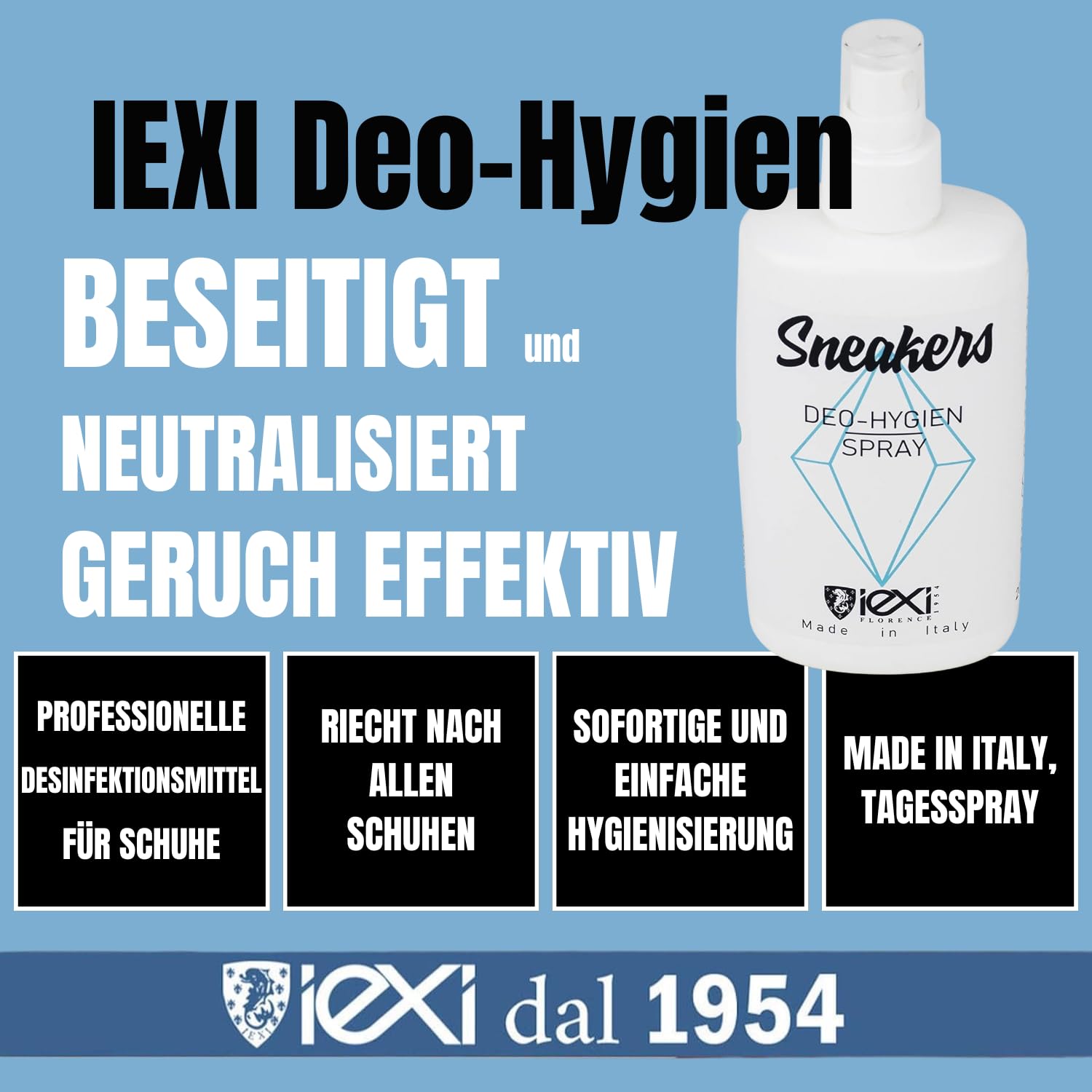 IEXI Deo HYGIEN - Schuhdeo Schuh Desinfektionsspray 200ml - Schuhspray gegen Geruch & Bakterien | Geruchsentferner für Schuhe - Parfüm für Schuhe aller Art - Schuhspray gegen Fußgeruch
