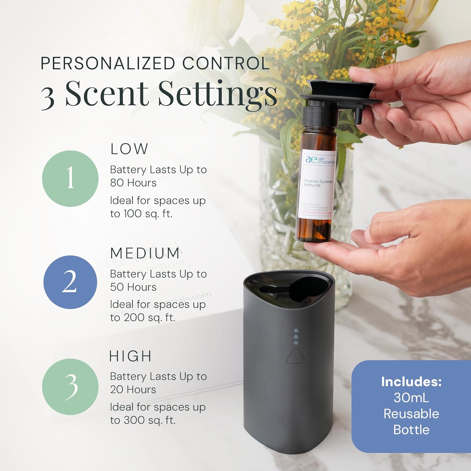 Air Esscentials The Mini Essential Oil Diffuser for Home, Waterless & Smart Portable Diffuser for Essential Oils, USB-C & Rechargeable with Adjustable Settings, Covers 300 Sq. Ft., Black - Image 5