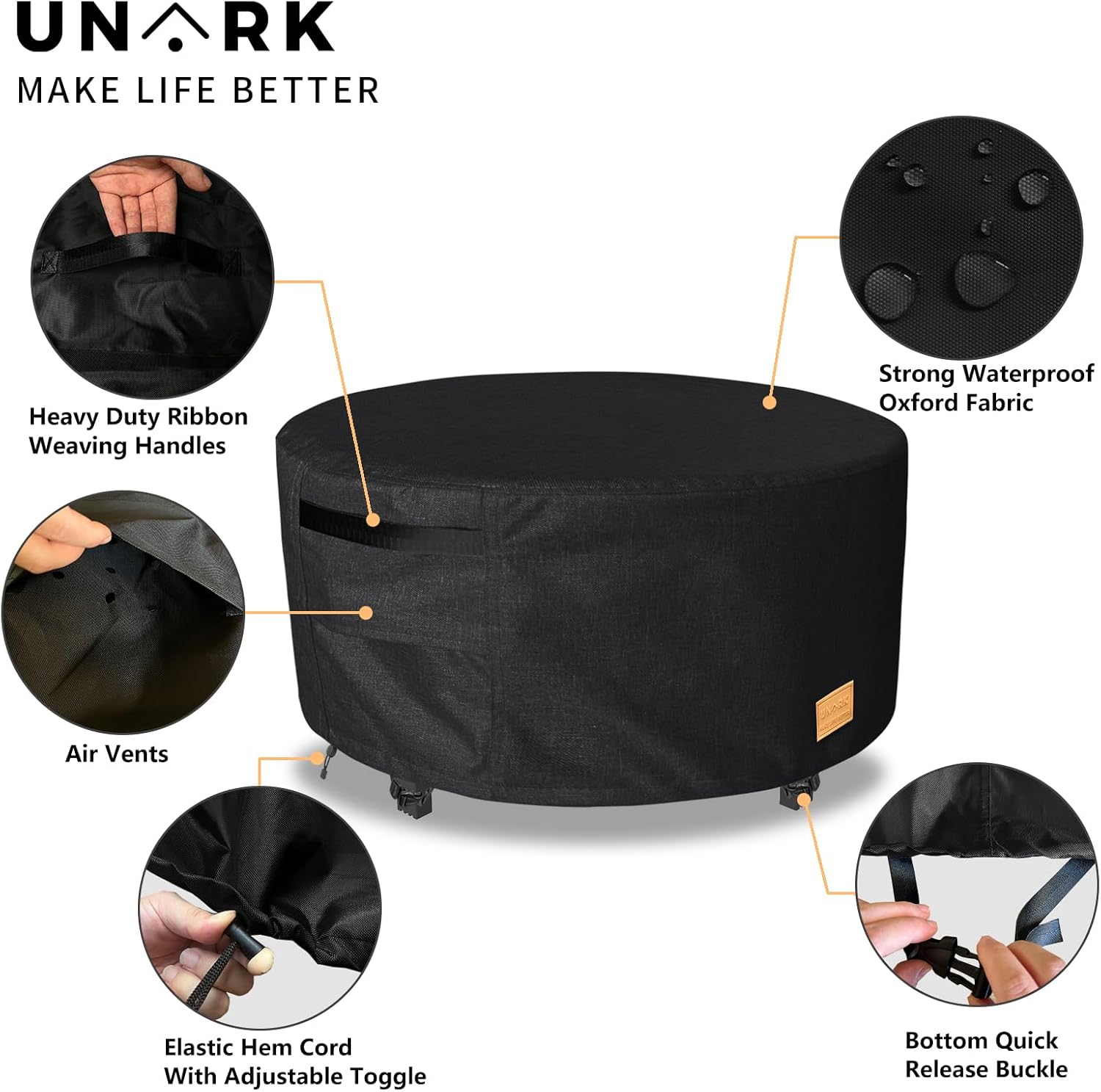 Fire Pit Cover Round 32 inch,Waterproof 600D Heavy Duty Patio Fire Pit Cover,Outdoor Round Gas Fire Pit/Table Cover,32” Dia X 16”H,Black