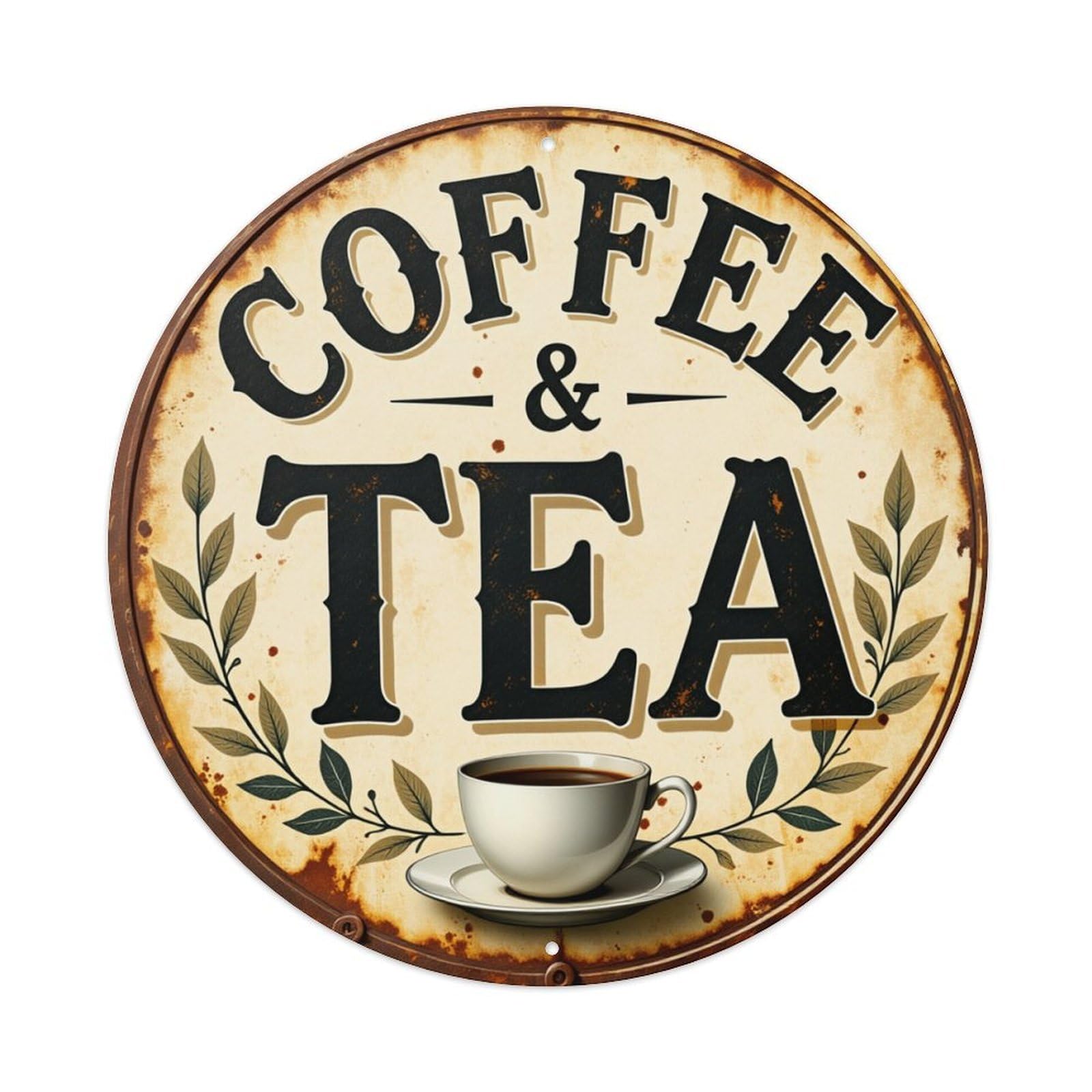 Coffee And Tea Sign With Cup Round Tin Sign Retro Metal Sign for Cafe Bar Pub Home Game Room Gym Club Wall Decoration Vintage Metal Poster 8x8 Inch