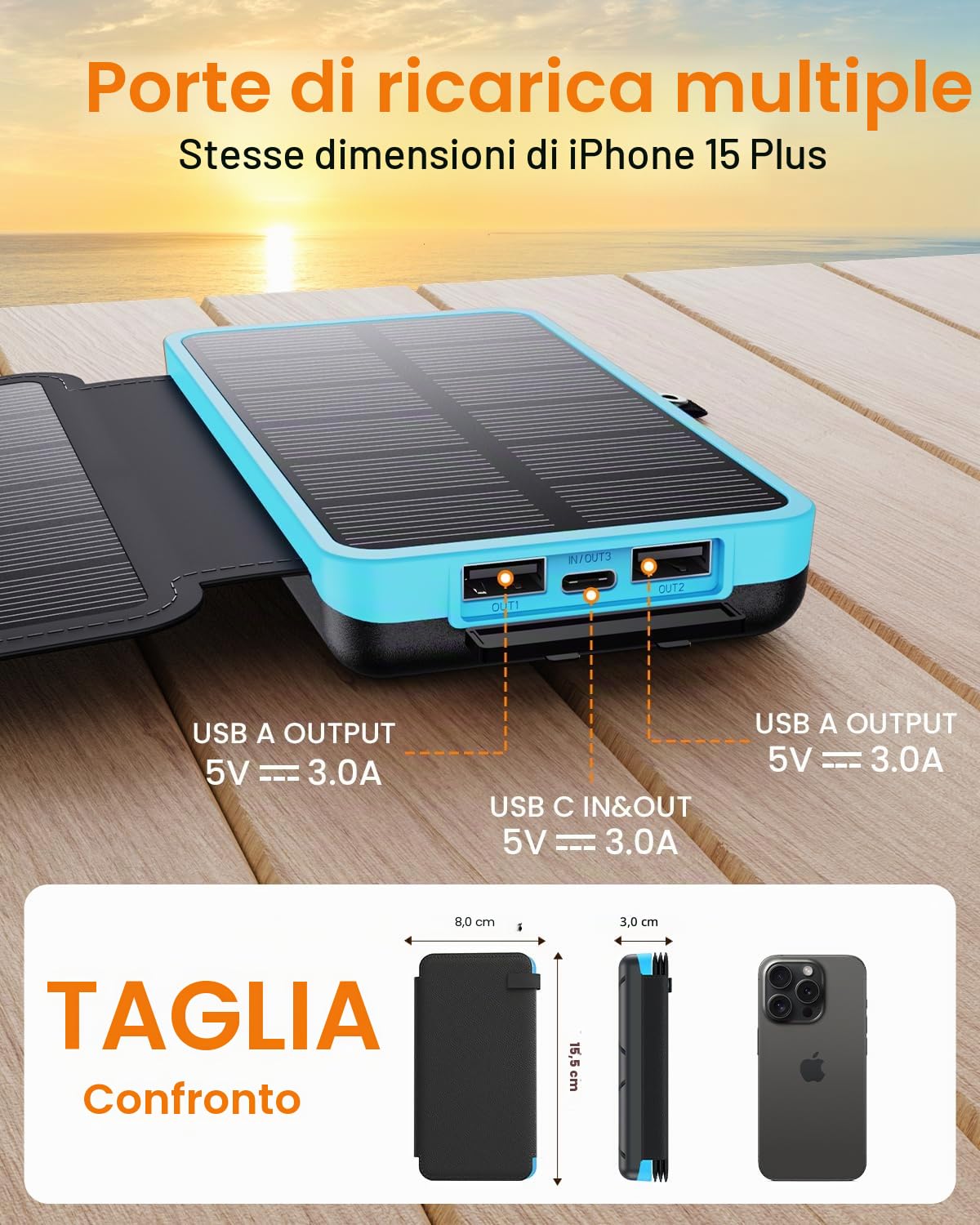 FEELLE Caricatore Solare 25000mAh, Power Bank Solare Batteria Esterna con Doppia Uscita USB 3,0A e 4 Pannelli Solari Pieghevoli Caricatore Portatile per Smartphone, Tablet, Campeggio ecc (Blu)
