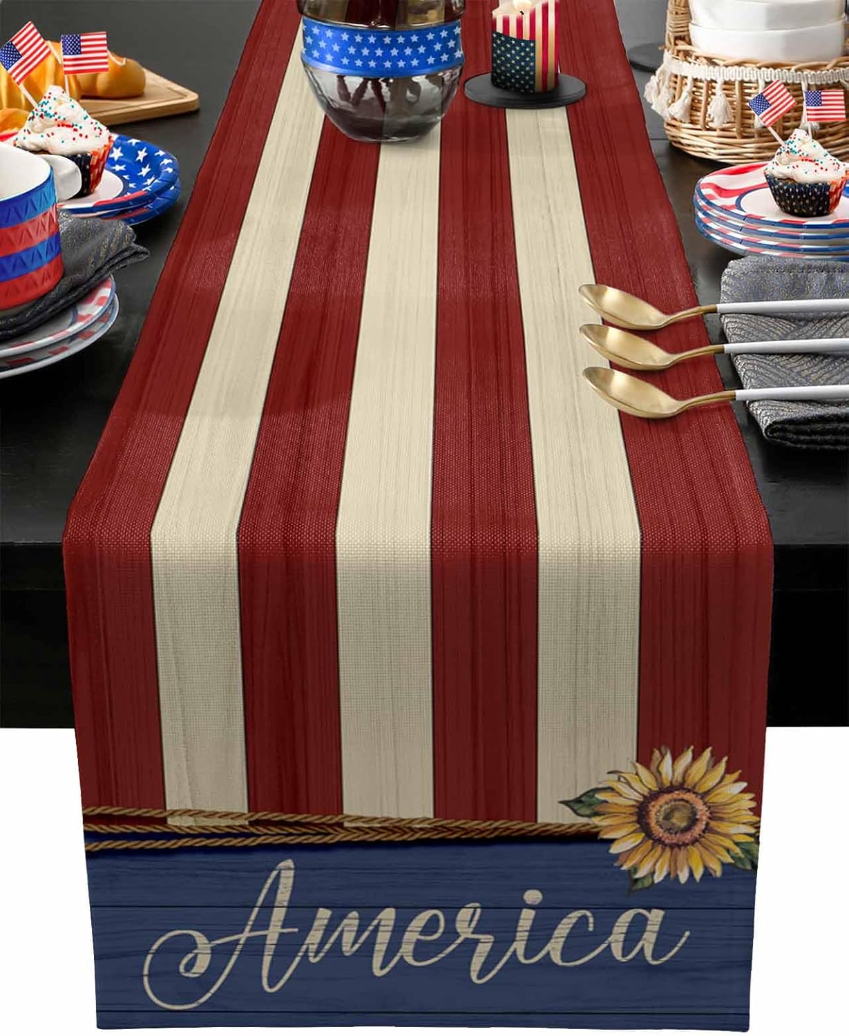 4th of July Sunflower Table Runner 90 inches Long Vintage Flag Waterproof Table Cloth Holiday Kitchen Dining Table Decorations for Indoor Outdoor Home Party Coffee