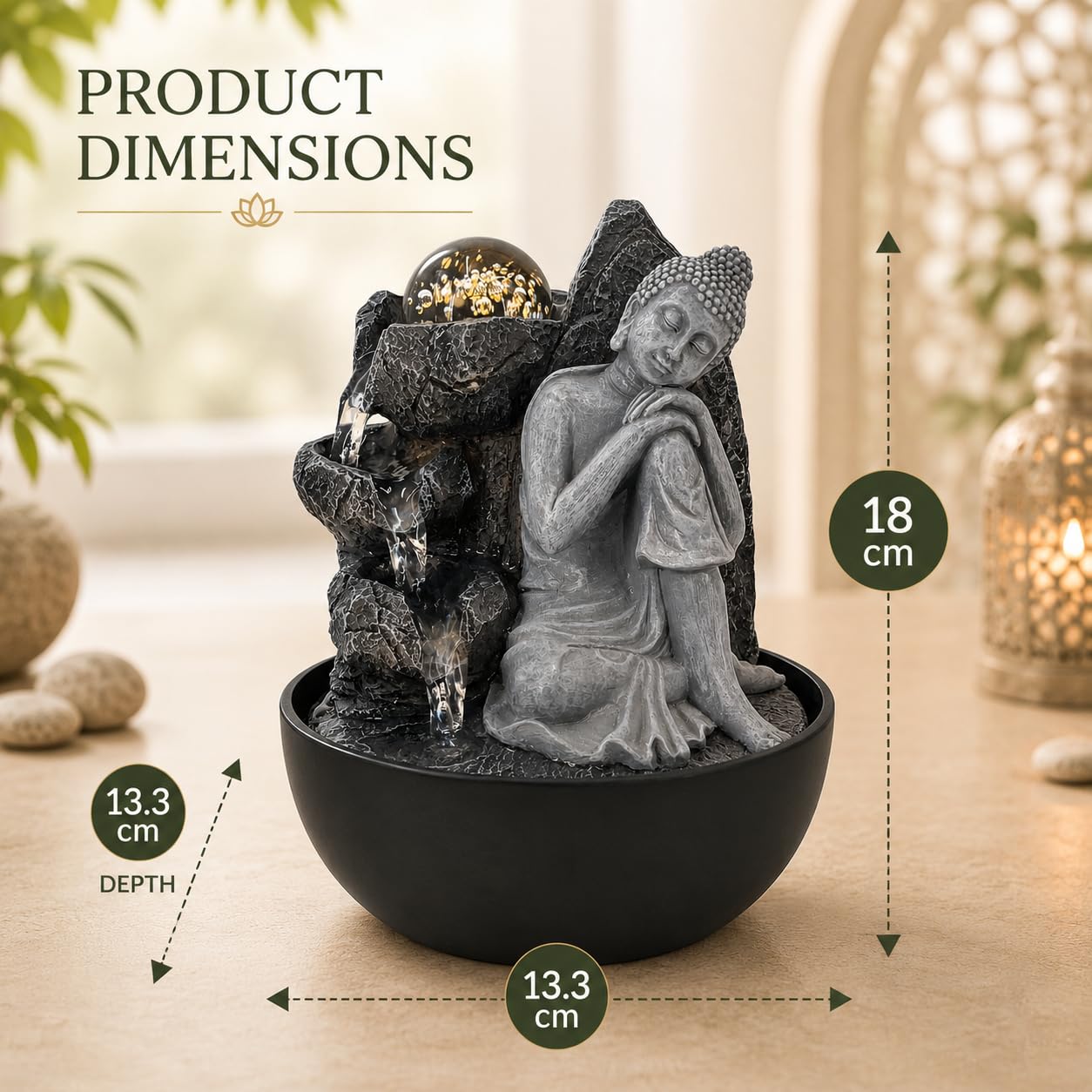 Contemplation - Fuente de agua interior con luz LED | Tamaño 13,3 x 13,3 x 18 cm | USB |