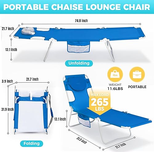 Miniatura 3 de #WEJOY Silla de bronceado plegable con agujero frontal, 5 posiciones boca abajo, tumbonas de playa con almohada para tomar el sol al aire libre